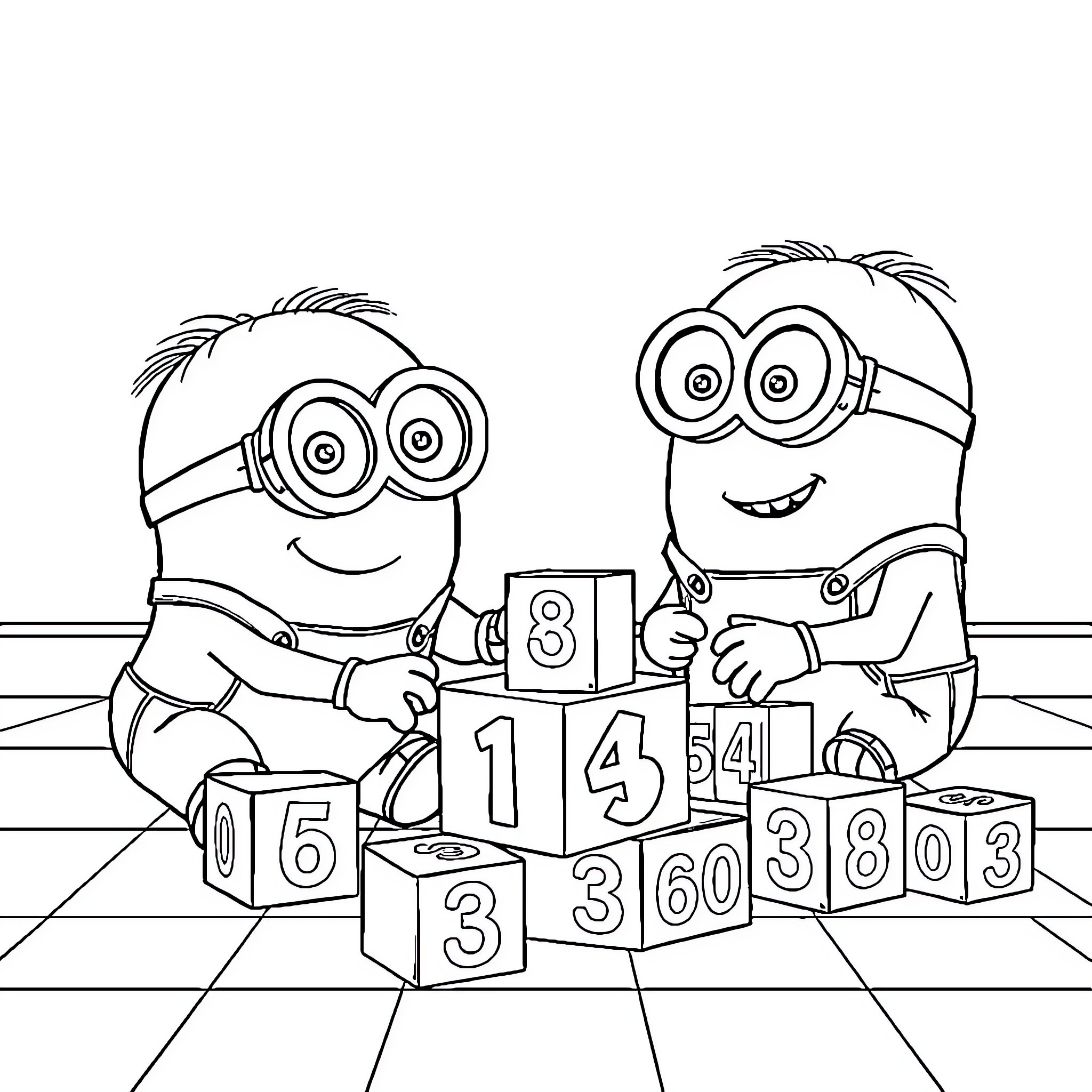 Minions playing with numbered blocks Coloring Page (free black-and-white line drawing printable PDF for all, from beginners to advanced learners, including children, teens, adults, and seniors)