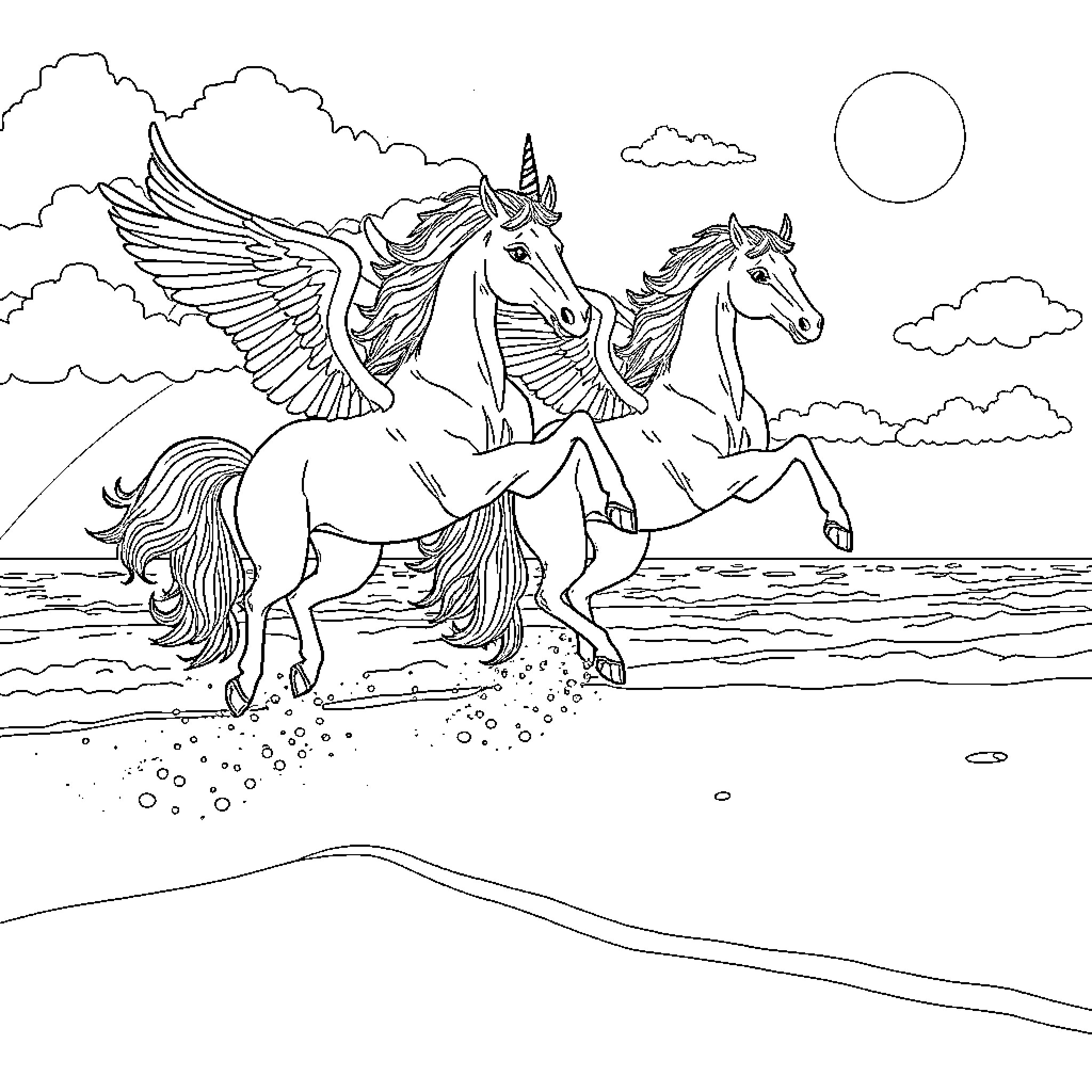 Pegasus horses soaring through the sky Coloring Page (free black-and-white line drawing printable PDF for all, from beginners to advanced learners, including children, teens, adults, and seniors)