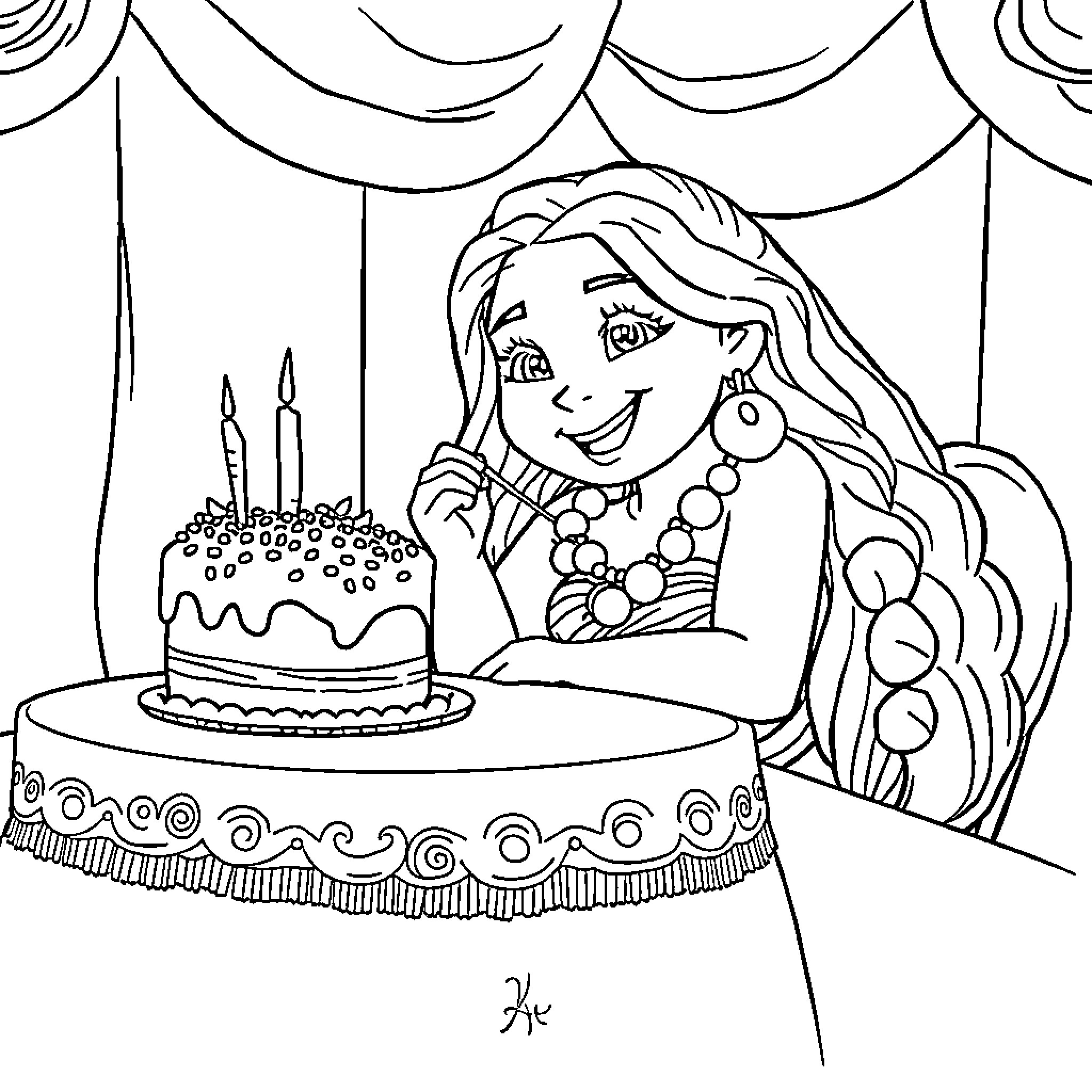 Moana celebrating her birthday with a cake Coloring Page (free black-and-white line drawing printable PDF for all, from beginners to advanced learners, including children, teens, adults, and seniors)