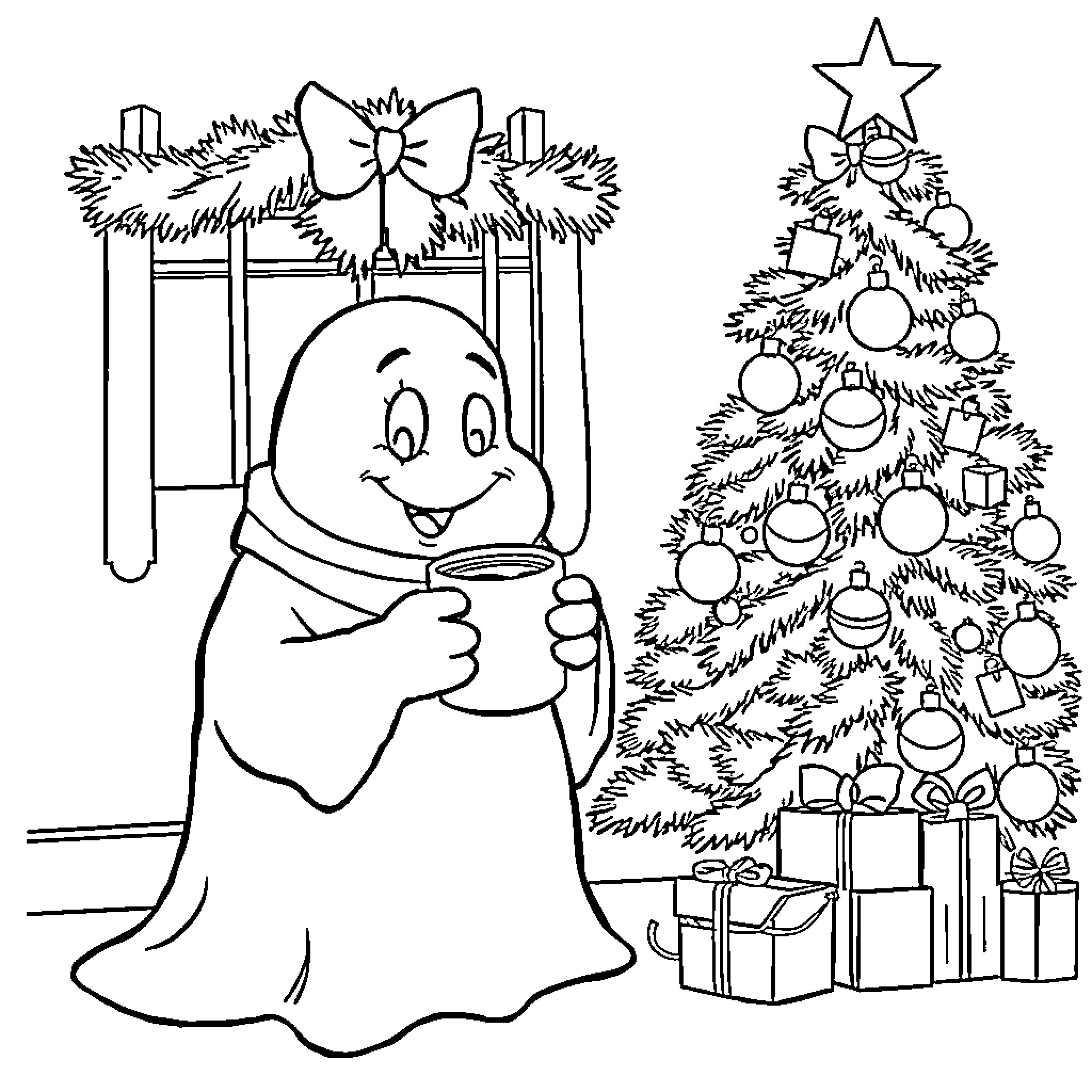 Ghost with a cup enjoying the Christmas tree Coloring Page (free black-and-white line drawing printable PDF for all, from beginners to advanced learners, including children, teens, adults, and seniors)