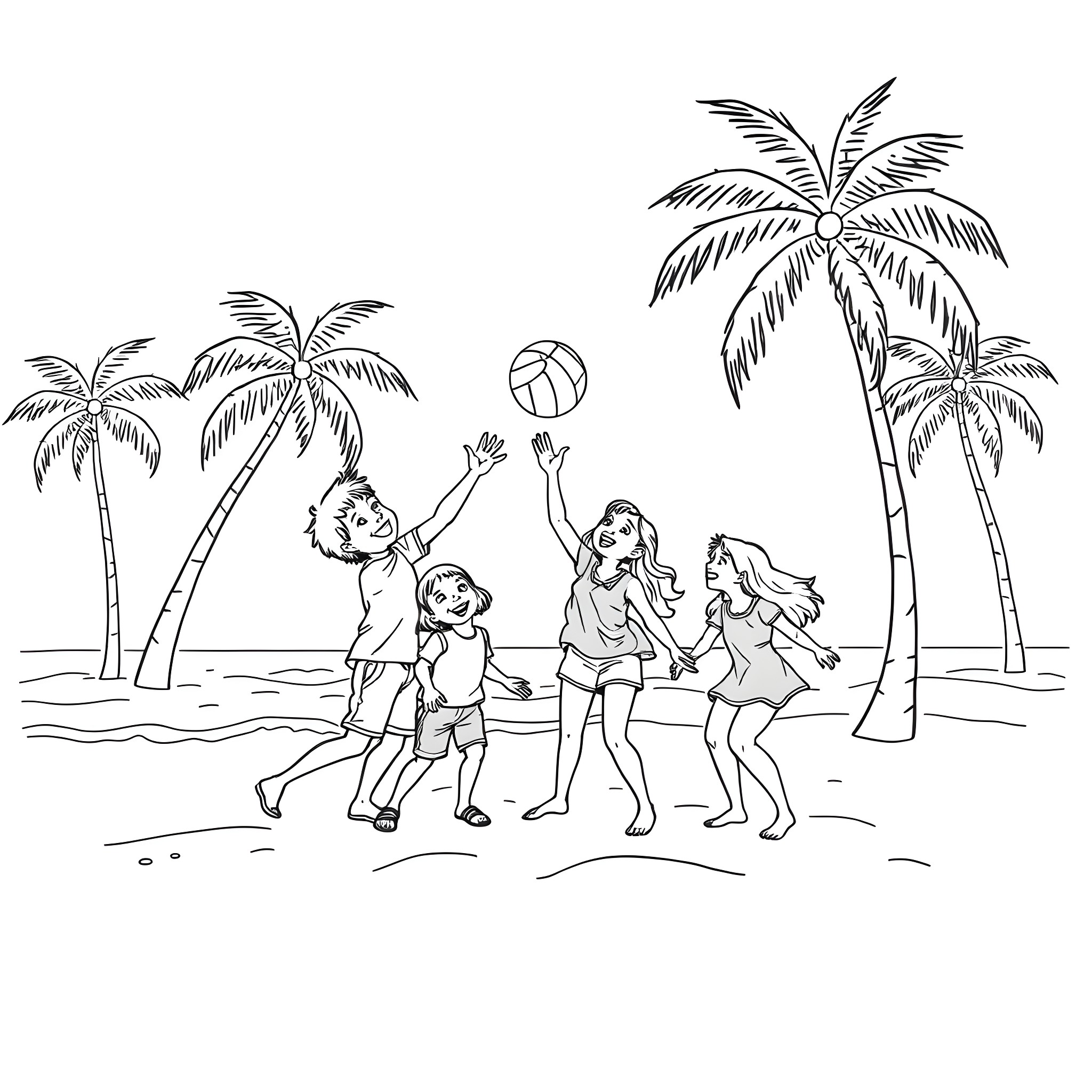 Family playing with ball on tropical beach Coloring Page (free black-and-white line drawing printable PDF for all, from beginners to advanced learners, including children, teens, adults, and seniors)