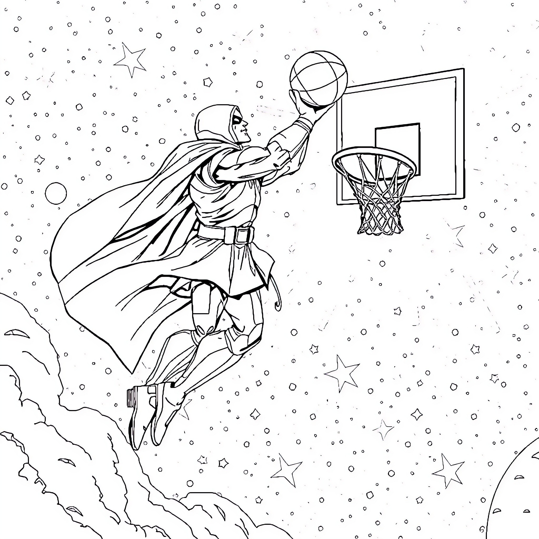 Doctor Doom Dunking Basketball in Snowy Cosmic Scene Coloring Page (free black-and-white line drawing printable PDF for all, from beginners to advanced learners, including children, teens, adults, and seniors)