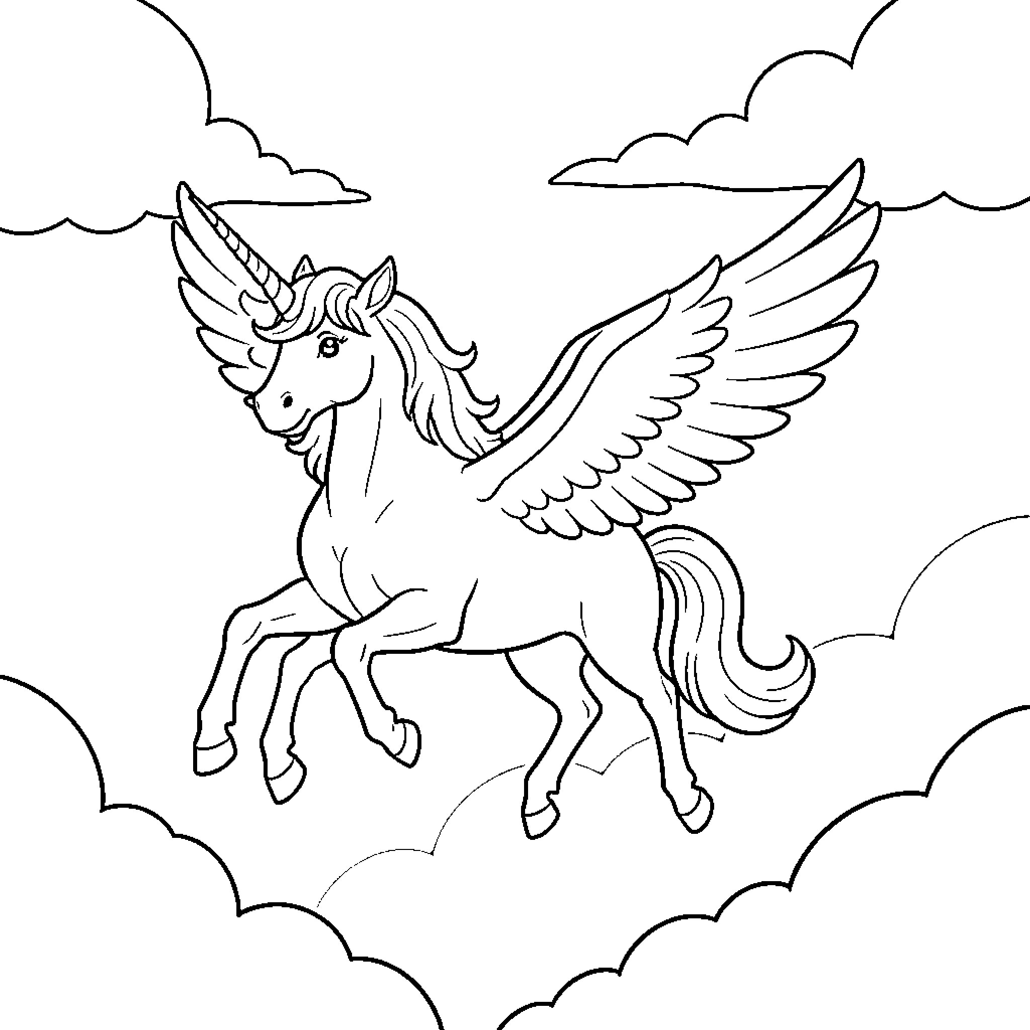 Flying Unicorn soaring through a cloudy sky Coloring Page (free black-and-white line drawing printable PDF for all, from beginners to advanced learners, including children, teens, adults, and seniors)