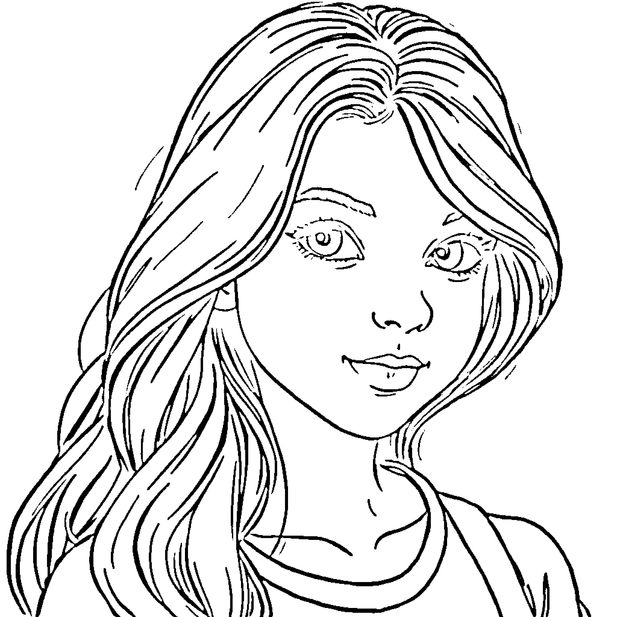 Girl with long wavy hair Coloring Page (free black-and-white line drawing printable PDF for all, from beginners to advanced learners, including children, teens, adults, and seniors)