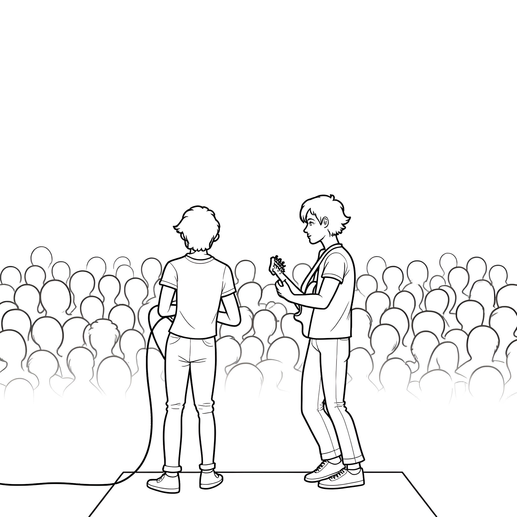 Guitar performers on stage with audience Coloring Page (free black-and-white line drawing printable PDF for all, from beginners to advanced learners, including children, teens, adults, and seniors)