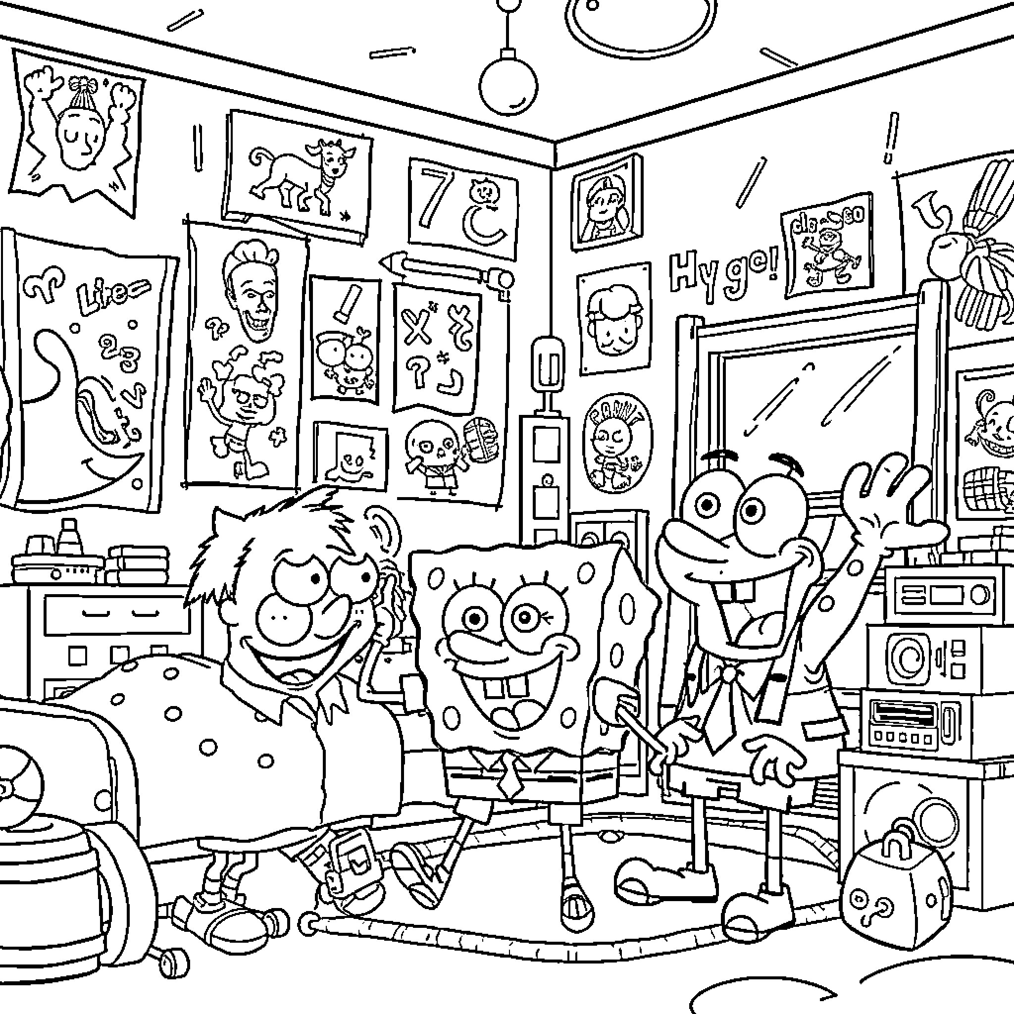 Spongebob and Friends in a Vibrant Bedroom Scene Coloring Page (free black-and-white line drawing printable PDF for all, from beginners to advanced learners, including children, teens, adults, and seniors)