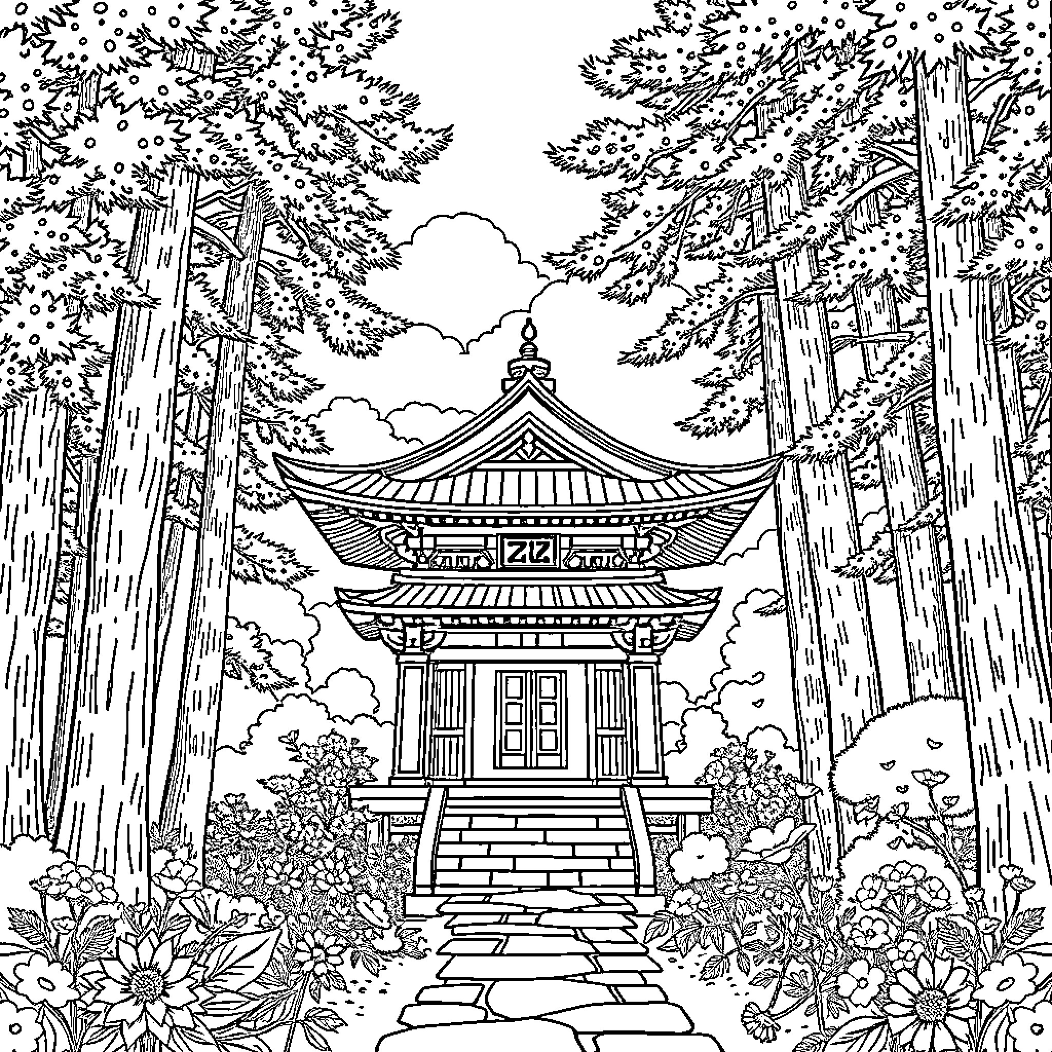 Shrine in a tranquil forest setting Coloring Page (free black-and-white line drawing printable PDF for all, from beginners to advanced learners, including children, teens, adults, and seniors)