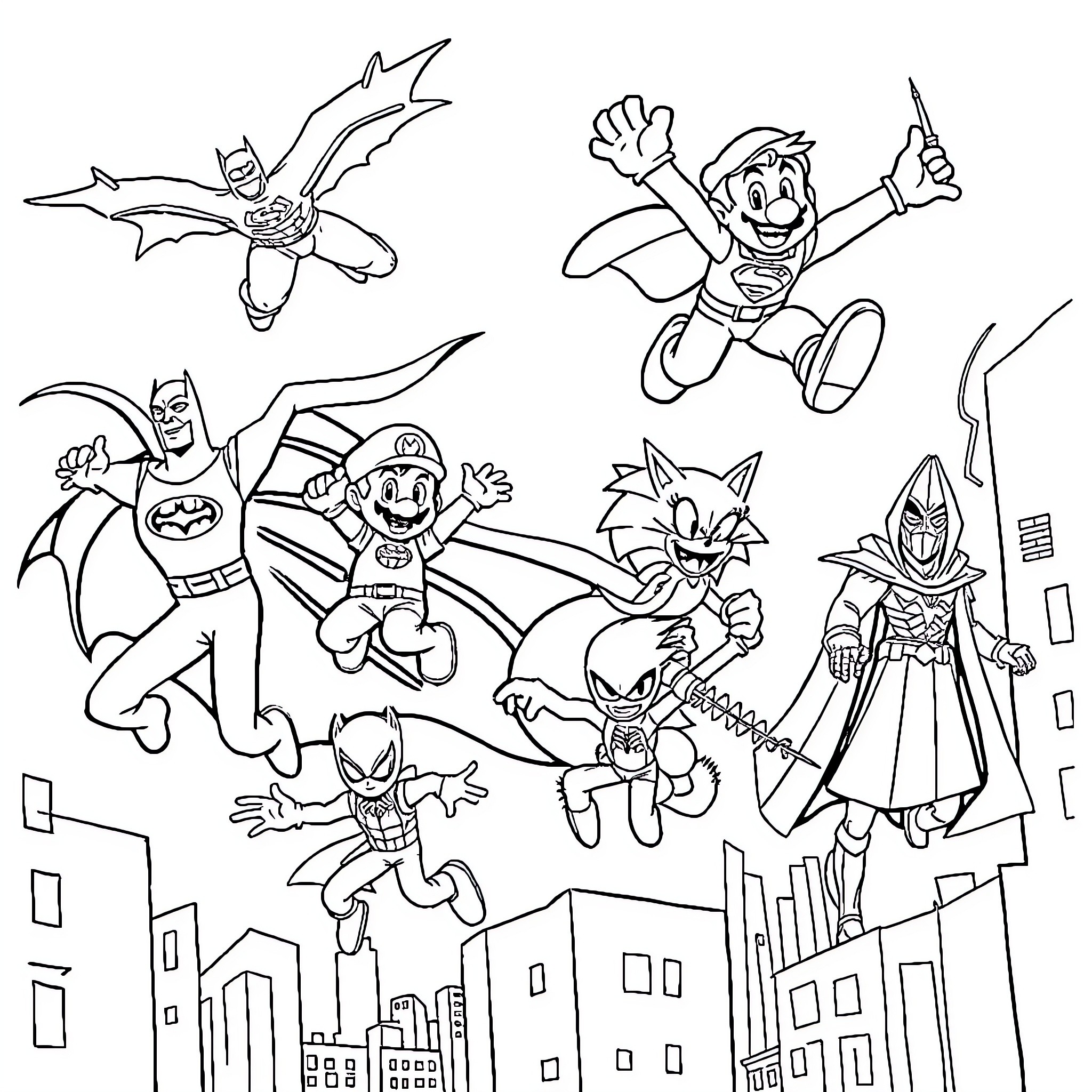 Character in Superhero and Fantasy Themed Adventure Coloring Page (free black-and-white line drawing printable PDF for all, from beginners to advanced learners, including children, teens, adults, and seniors)