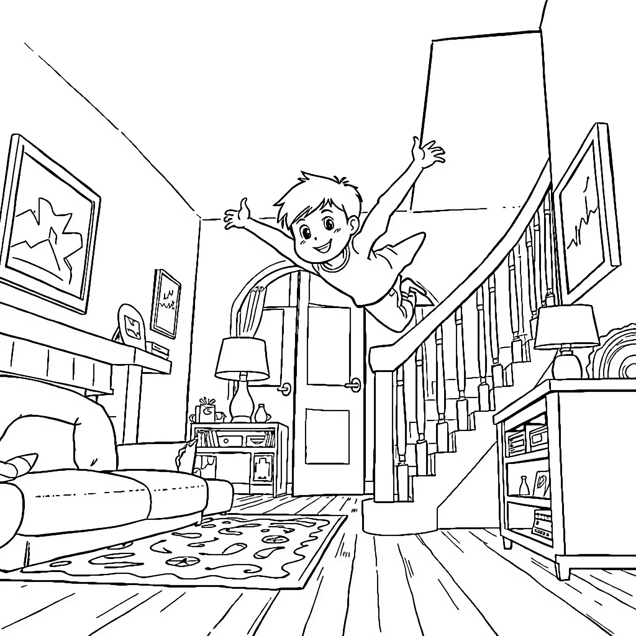 Boy Playing Happily in His Home Coloring Page (free black-and-white line drawing printable PDF for all, from beginners to advanced learners, including children, teens, adults, and seniors)