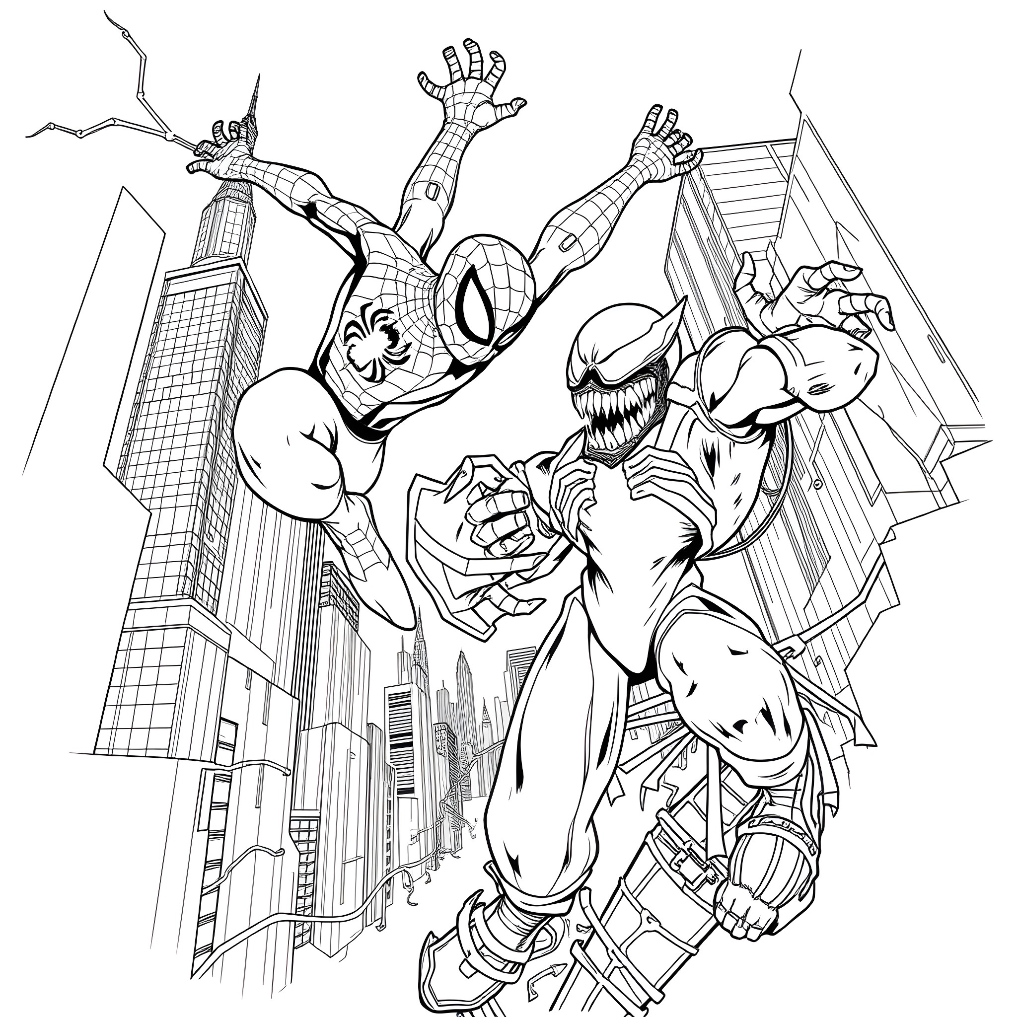 Spider-Man battling Venom in the city Coloring Page (free black-and-white line drawing printable PDF for all, from beginners to advanced learners, including children, teens, adults, and seniors)