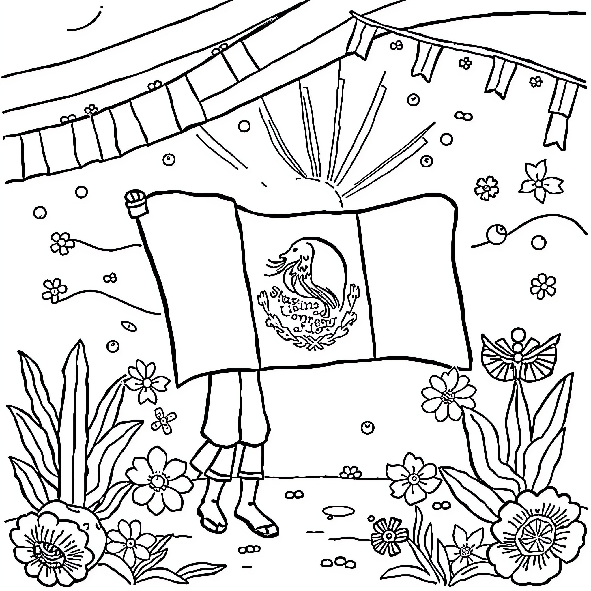 Mexican Independence celebration with flags and flowers Coloring Page (free black-and-white line drawing printable PDF for all, from beginners to advanced learners, including children, teens, adults, and seniors)