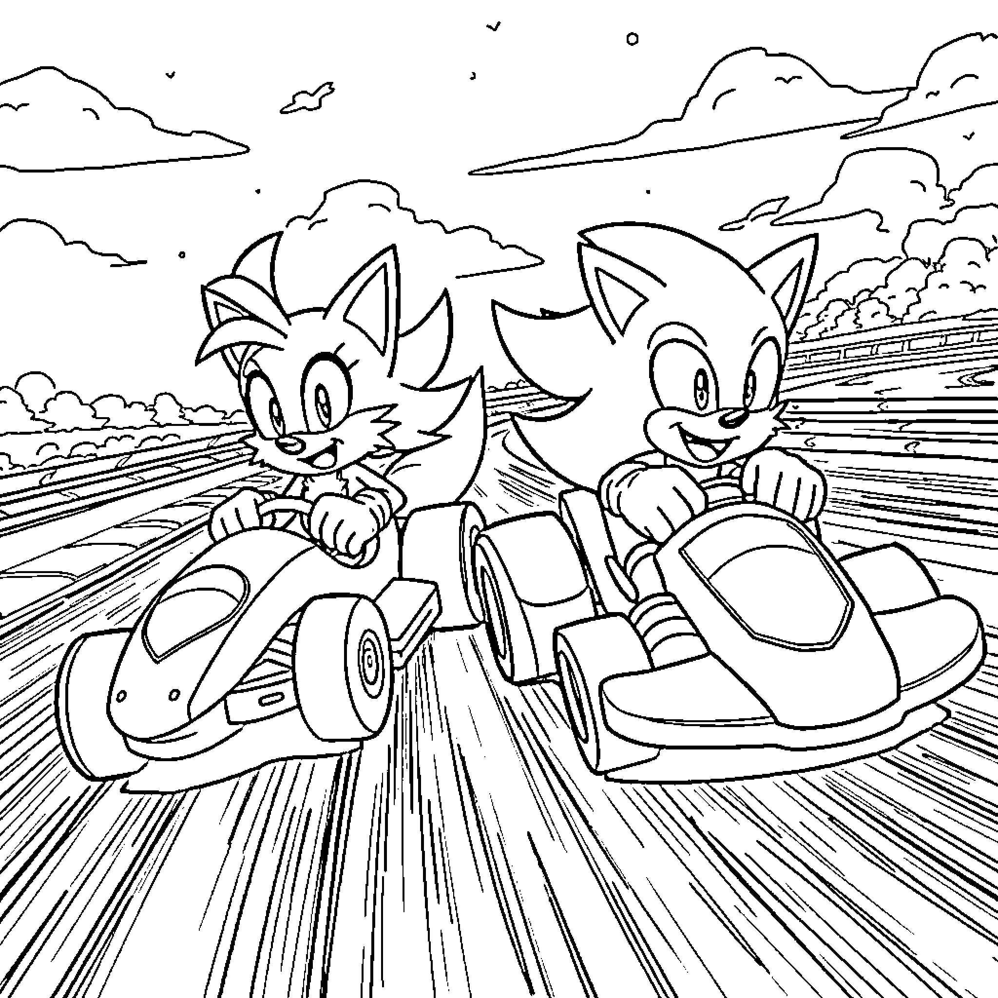 Race Car characters speeding through a scenic track Coloring Page (free black-and-white line drawing printable PDF for all, from beginners to advanced learners, including children, teens, adults, and seniors)