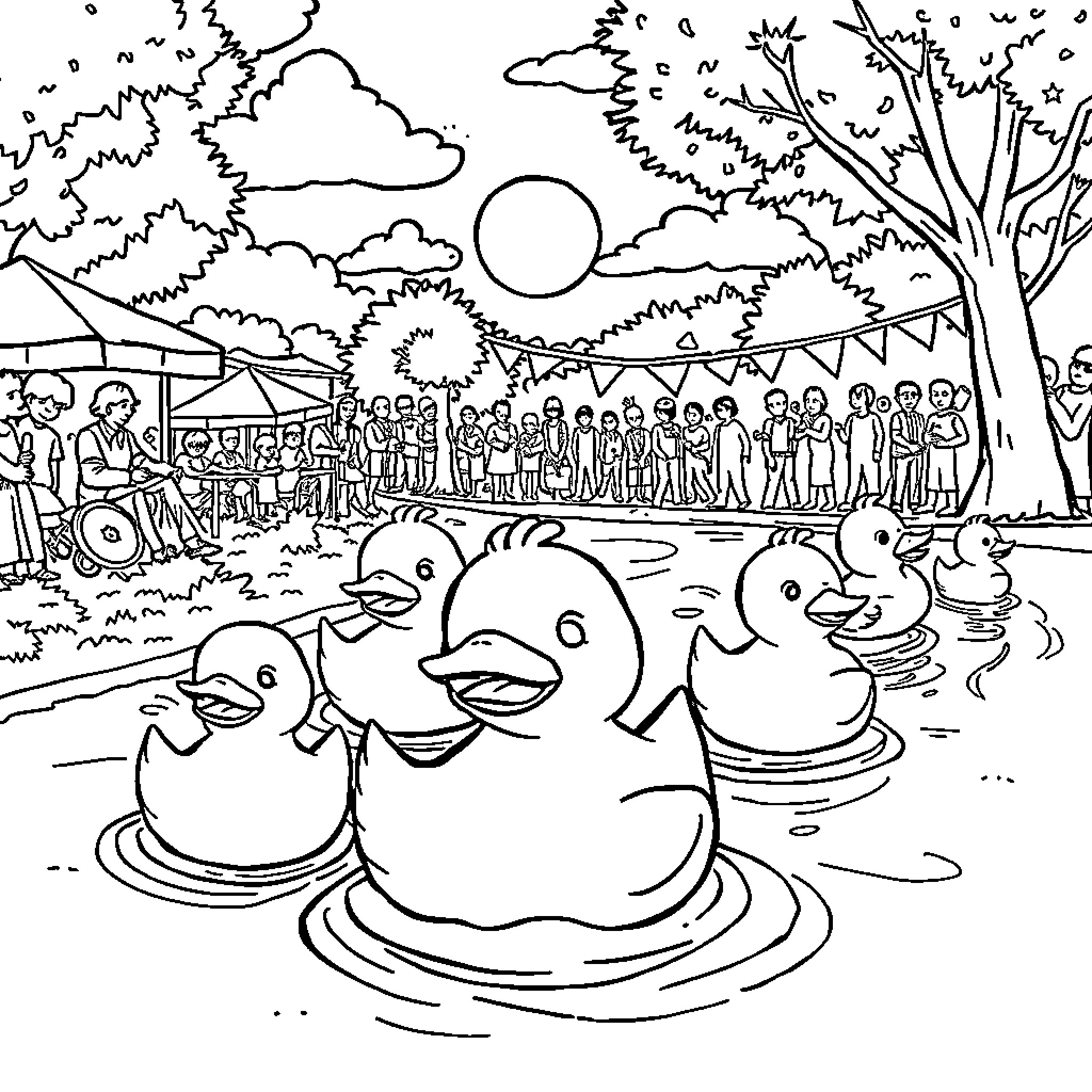 Ducks floating in a pond at a festive carnival Coloring Page (free black-and-white line drawing printable PDF for all, from beginners to advanced learners, including children, teens, adults, and seniors)