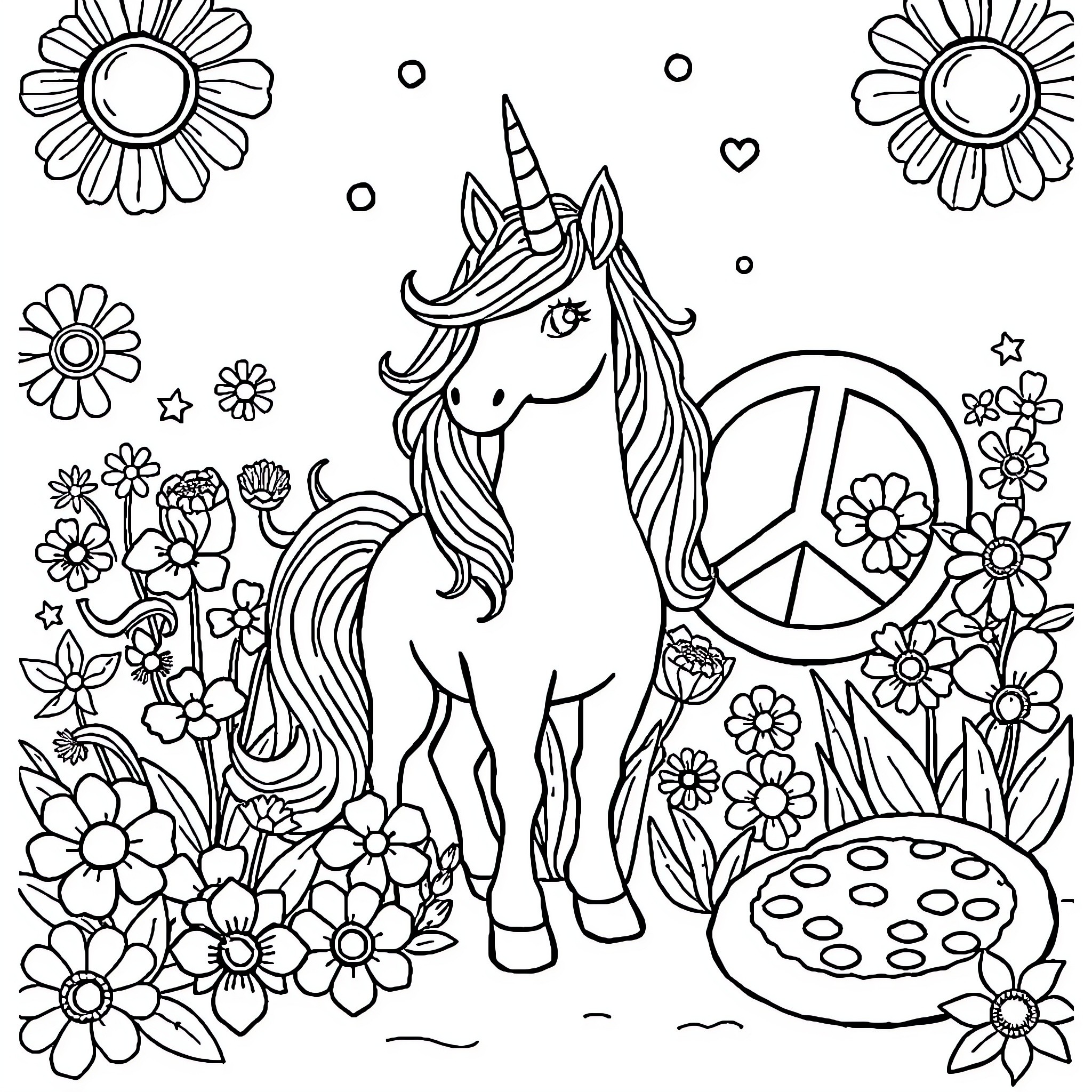 Unicorn surrounded by flowers and peace symbols Coloring Page (free black-and-white line drawing printable PDF for all, from beginners to advanced learners, including children, teens, adults, and seniors)