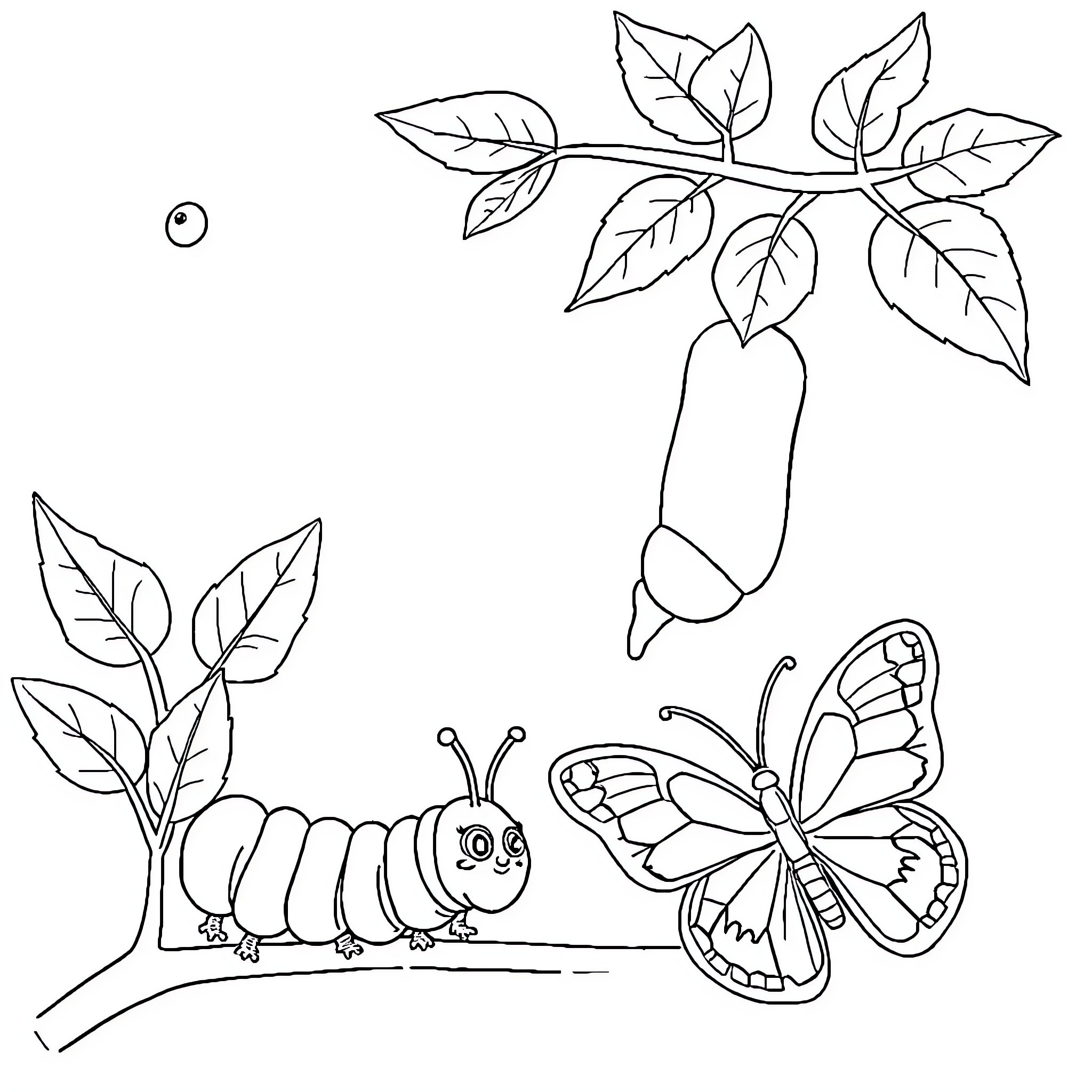 Caterpillar and butterfly in nature scene Coloring Page (free black-and-white line drawing printable PDF for all, from beginners to advanced learners, including children, teens, adults, and seniors)