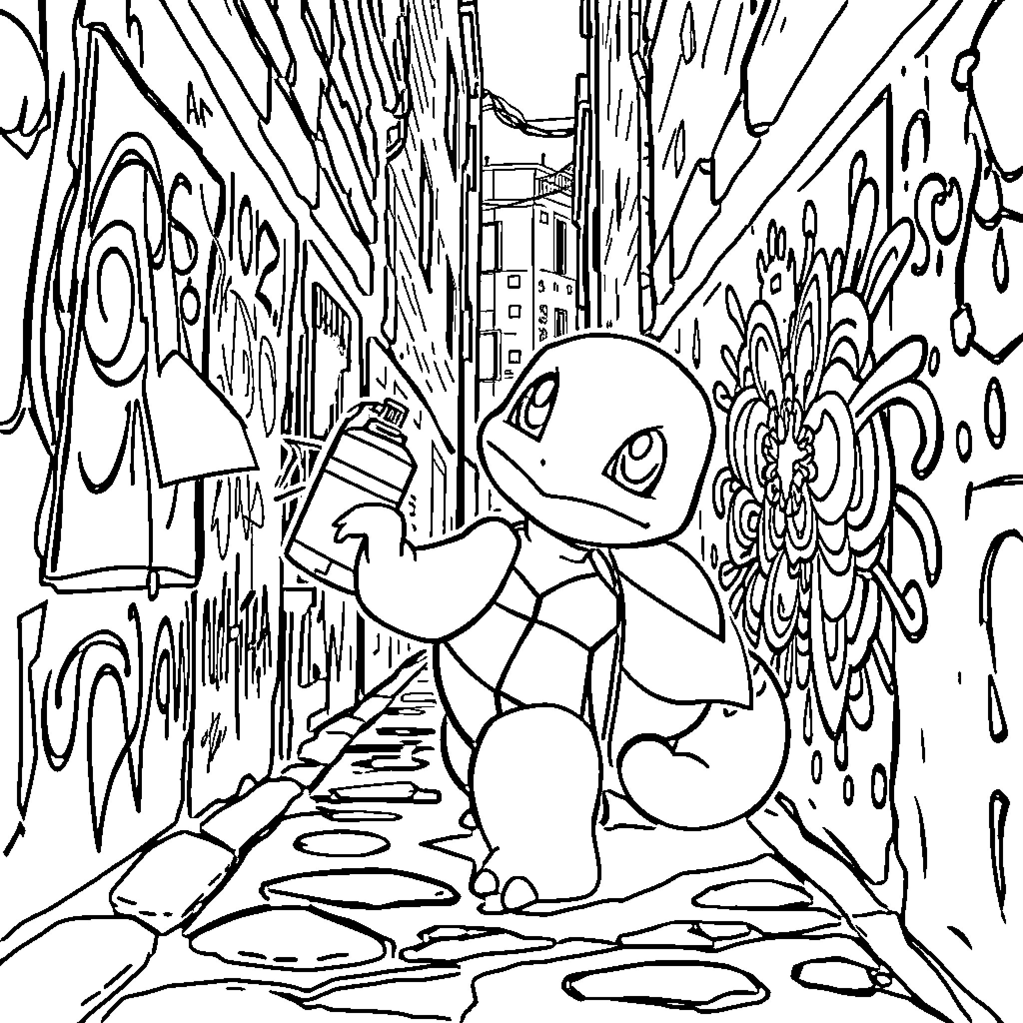 Squirtle exploring a graffiti-covered alleyway Coloring Page (free black-and-white line drawing printable PDF for all, from beginners to advanced learners, including children, teens, adults, and seniors)