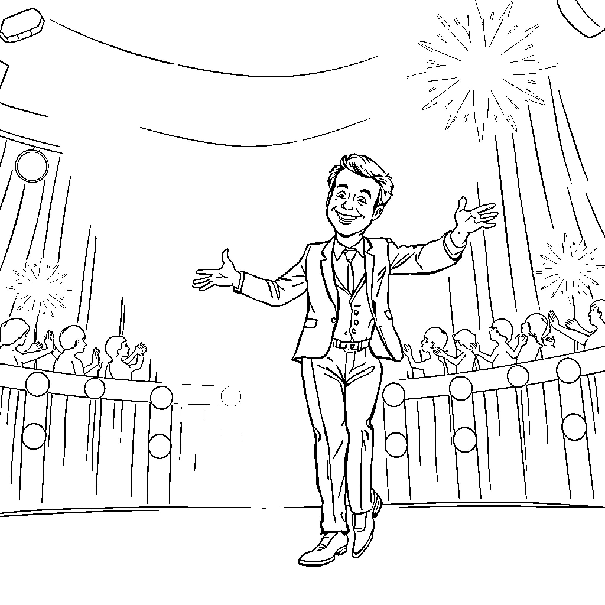 Macron addressing enthusiastic crowd at event Coloring Page (free black-and-white line drawing printable PDF for all, from beginners to advanced learners, including children, teens, adults, and seniors)