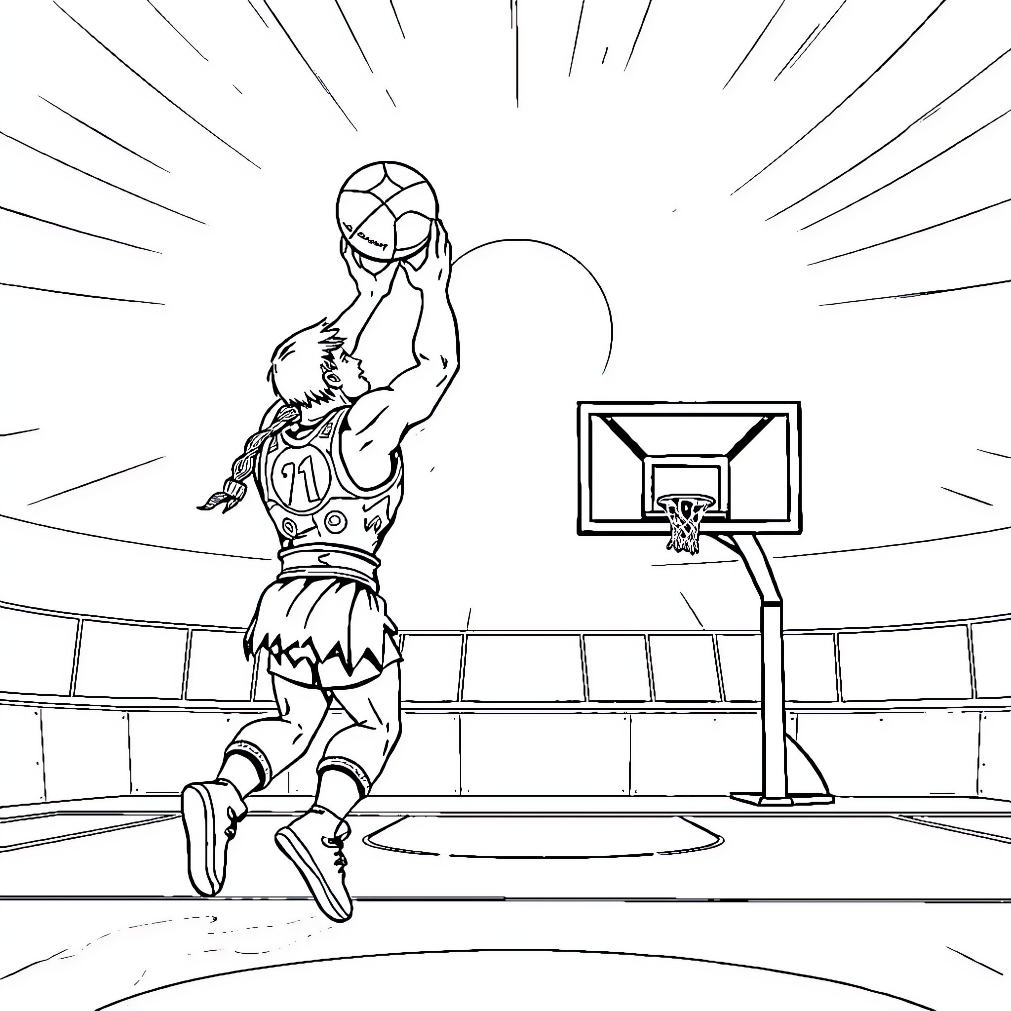 He-Man dunking a basketball on the court Coloring Page (free black-and-white line drawing printable PDF for all, from beginners to advanced learners, including children, teens, adults, and seniors)