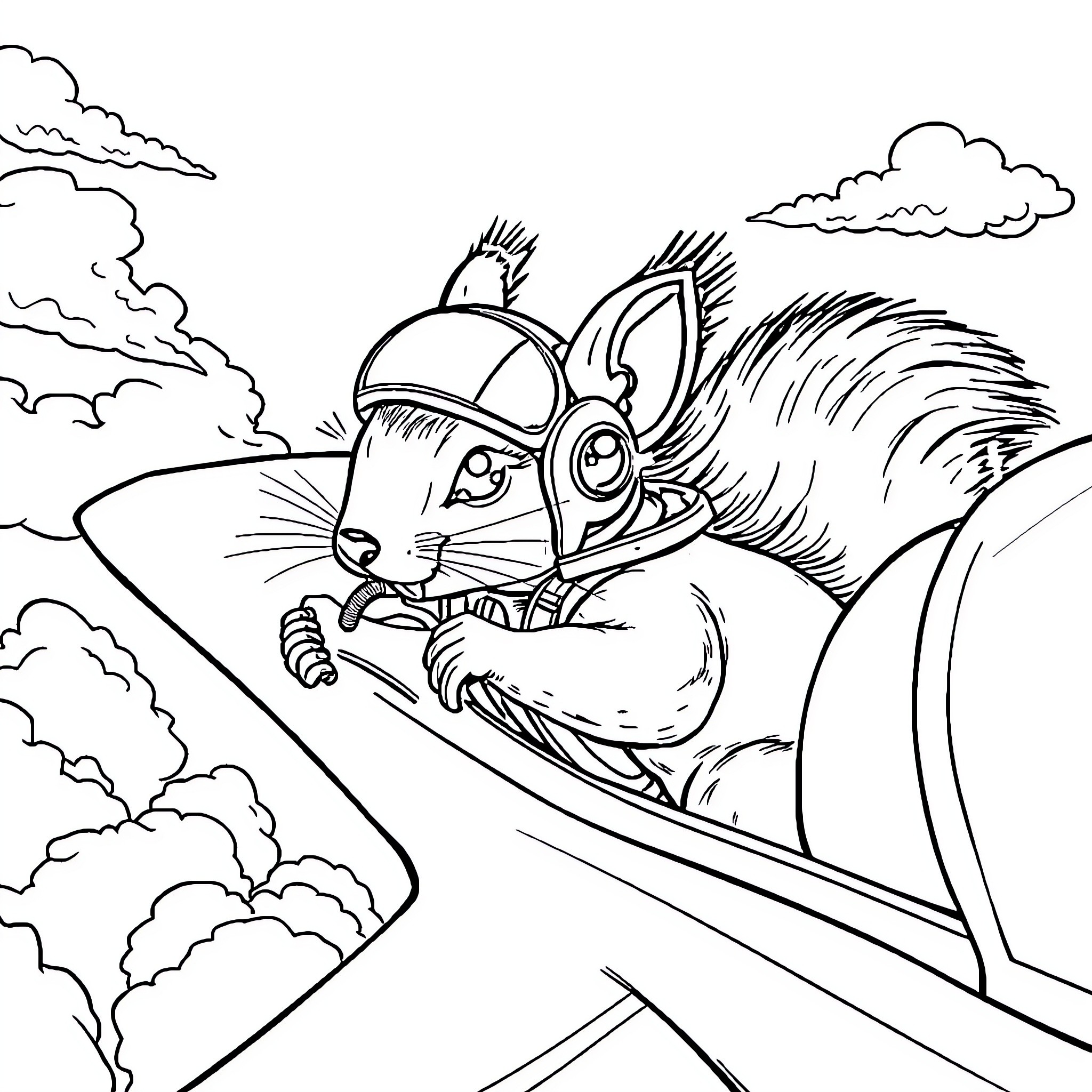 Squirrel riding skateboard in the sky Coloring Page (free black-and-white line drawing printable PDF for all, from beginners to advanced learners, including children, teens, adults, and seniors)