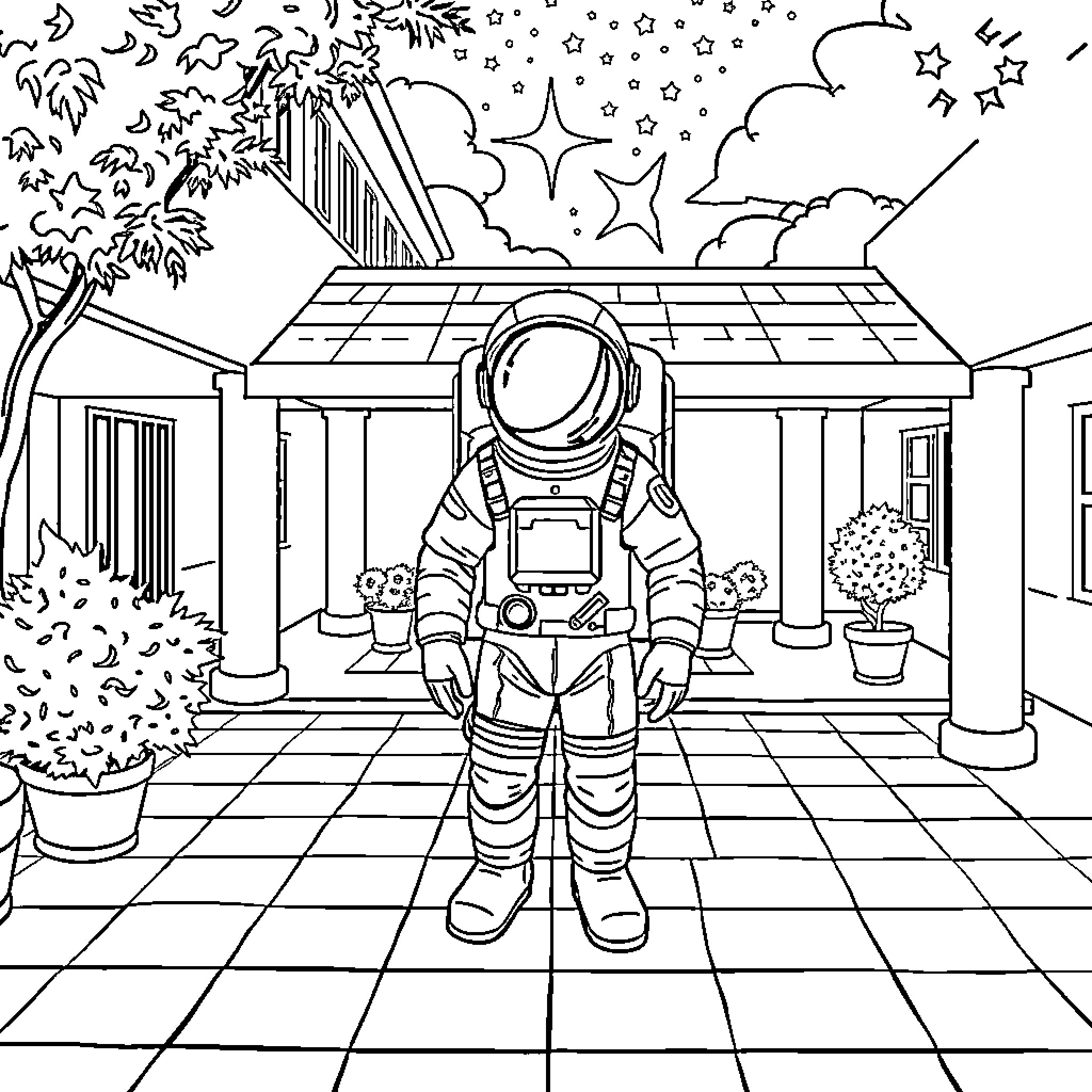 Astronaut exploring a celestial habitat Coloring Page (free black-and-white line drawing printable PDF for all, from beginners to advanced learners, including children, teens, adults, and seniors)