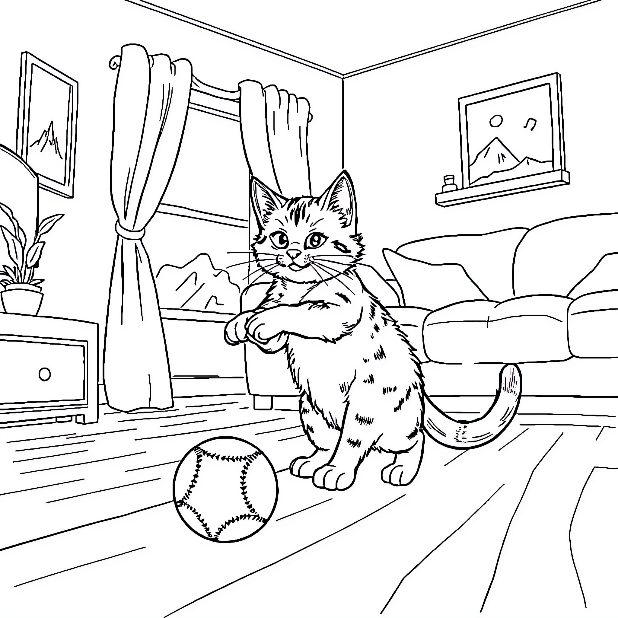 Cat playing with ball in living room Coloring Page (free black-and-white line drawing printable PDF for all, from beginners to advanced learners, including children, teens, adults, and seniors)