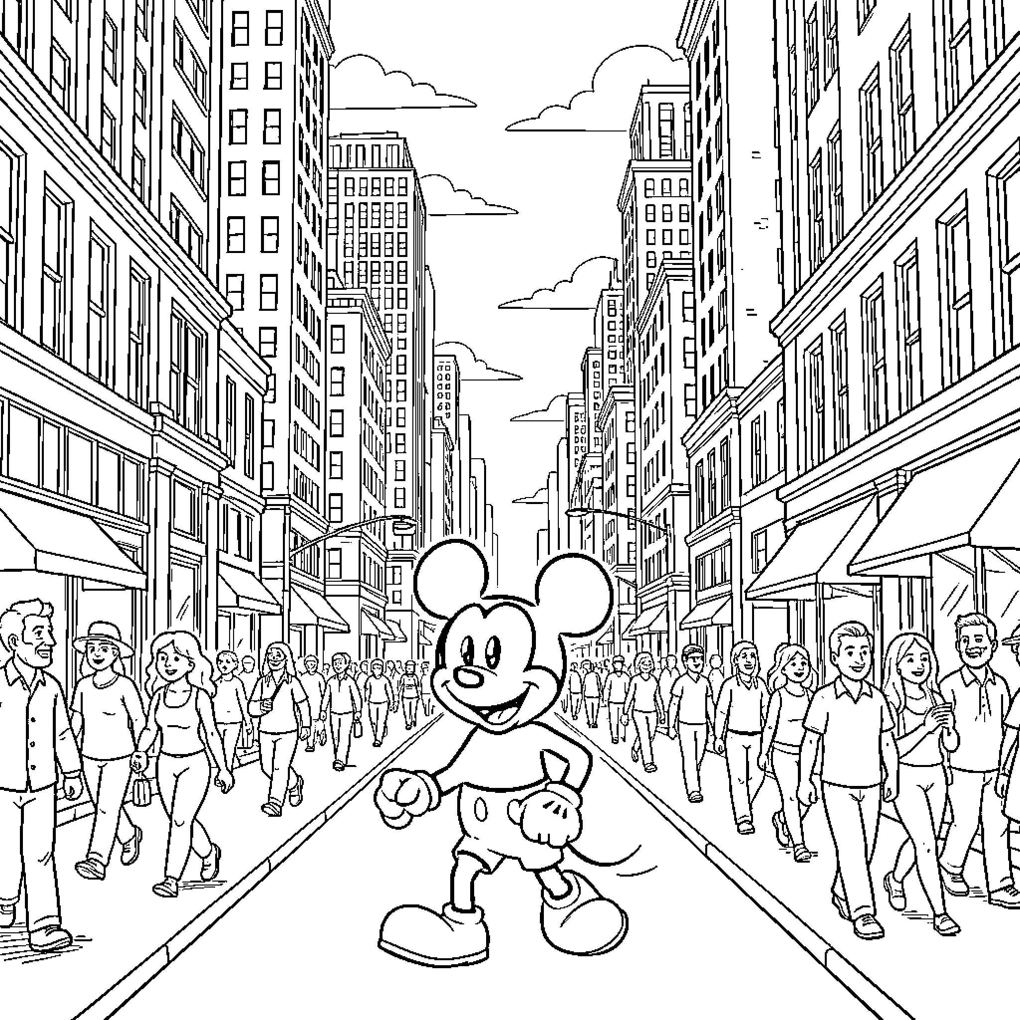 Mickey walking happily through a busy city street Coloring Page (free black-and-white line drawing printable PDF for all, from beginners to advanced learners, including children, teens, adults, and seniors)