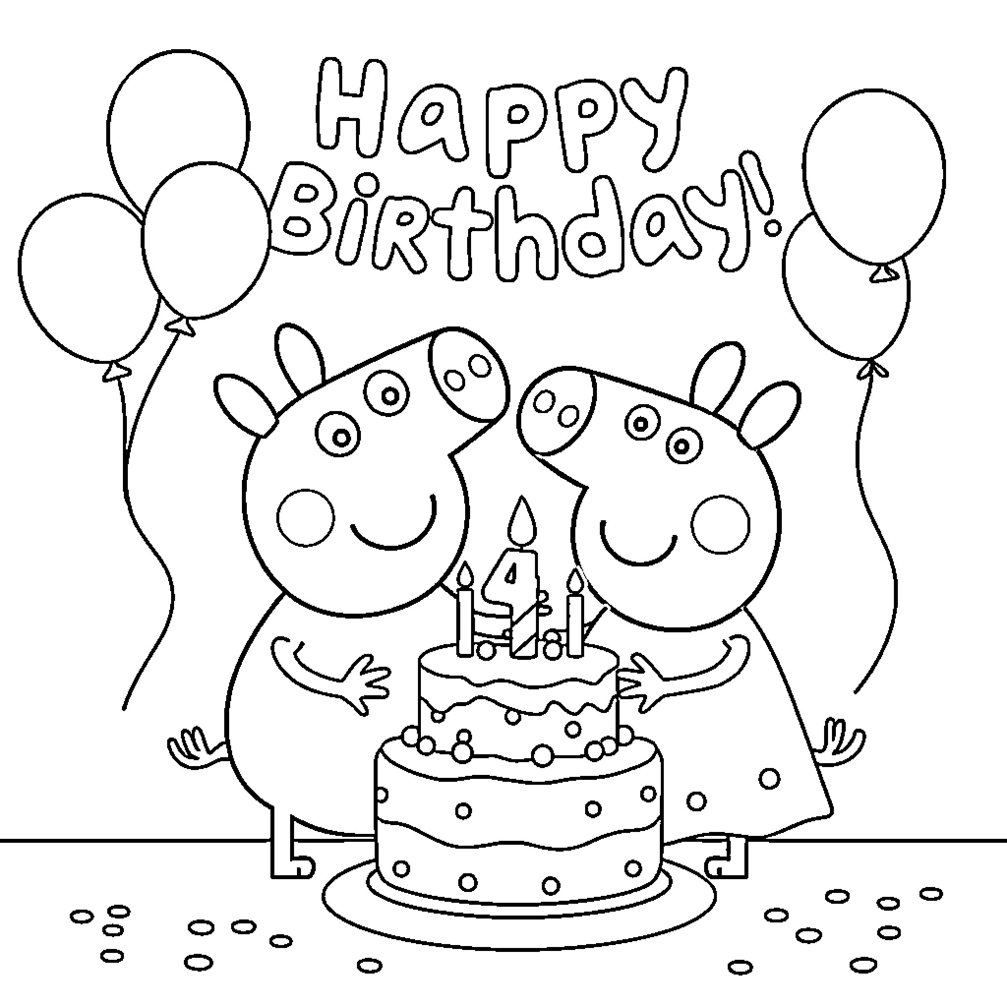 Bluey and Bingo Celebrating a Happy Birthday Coloring Page (free black-and-white line drawing printable PDF for all, from beginners to advanced learners, including children, teens, adults, and seniors)