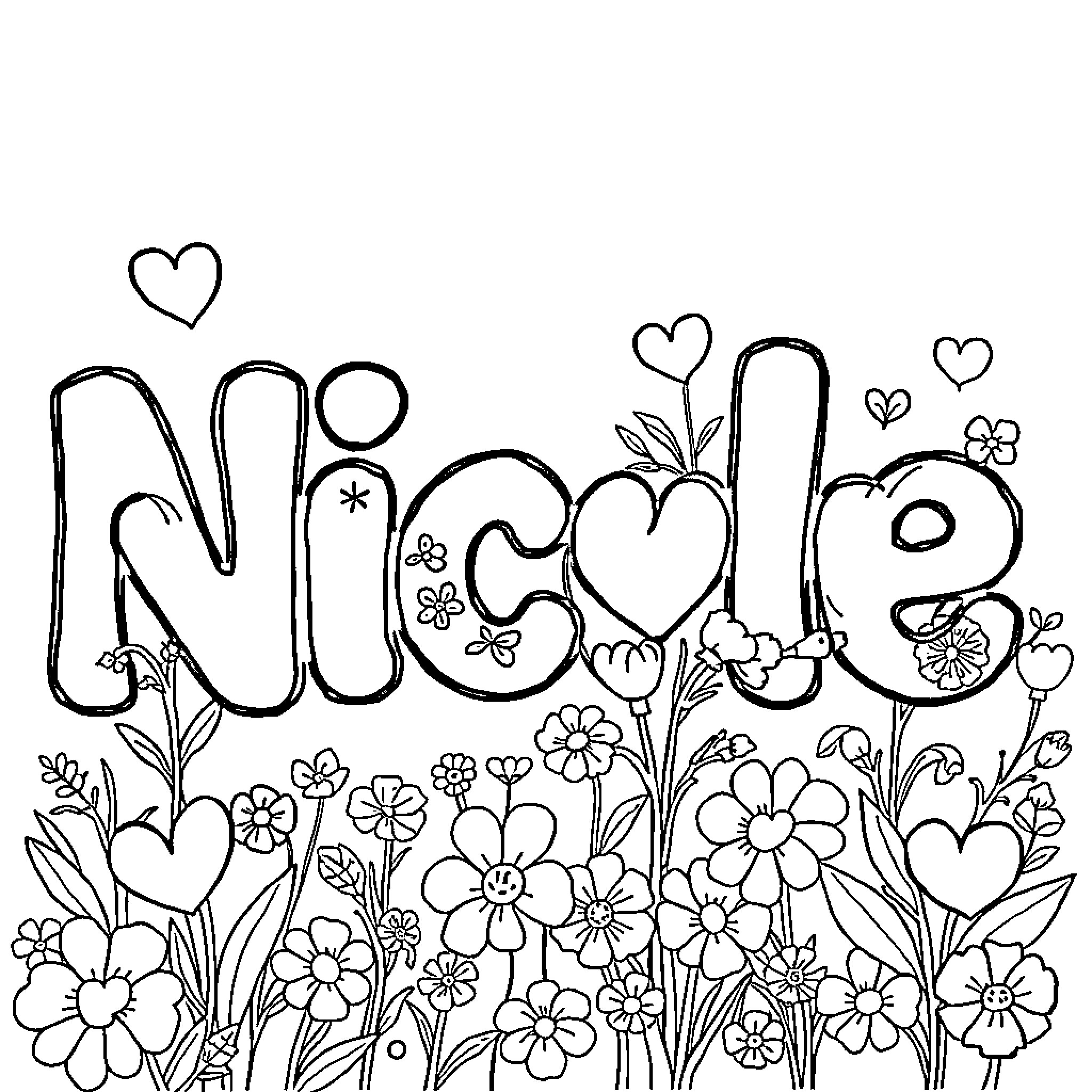 Name flowers and plants with hearts Coloring Page (free black-and-white line drawing printable PDF for all, from beginners to advanced learners, including children, teens, adults, and seniors)