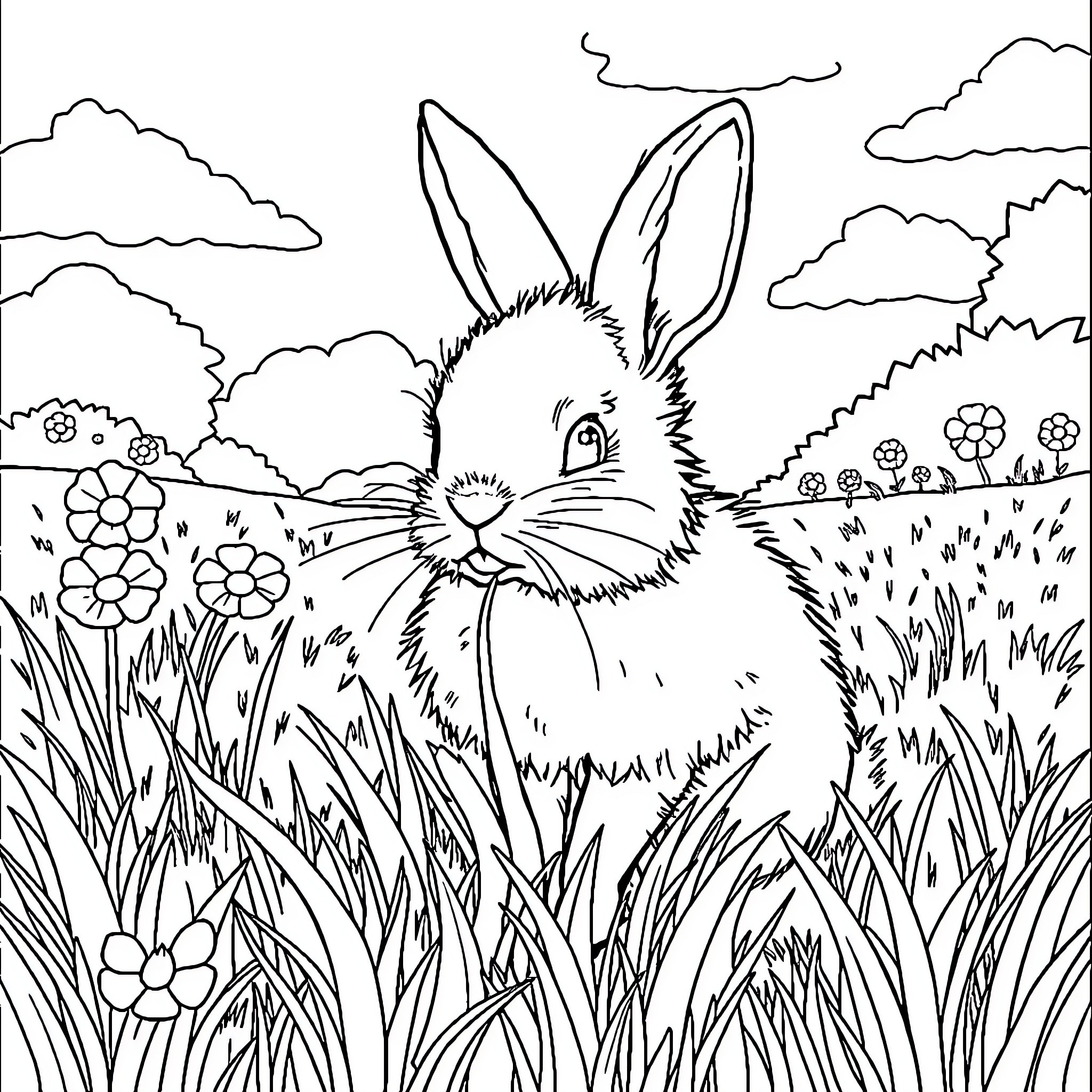 Rabbit exploring a lush garden Coloring Page (free black-and-white line drawing printable PDF for all, from beginners to advanced learners, including children, teens, adults, and seniors)