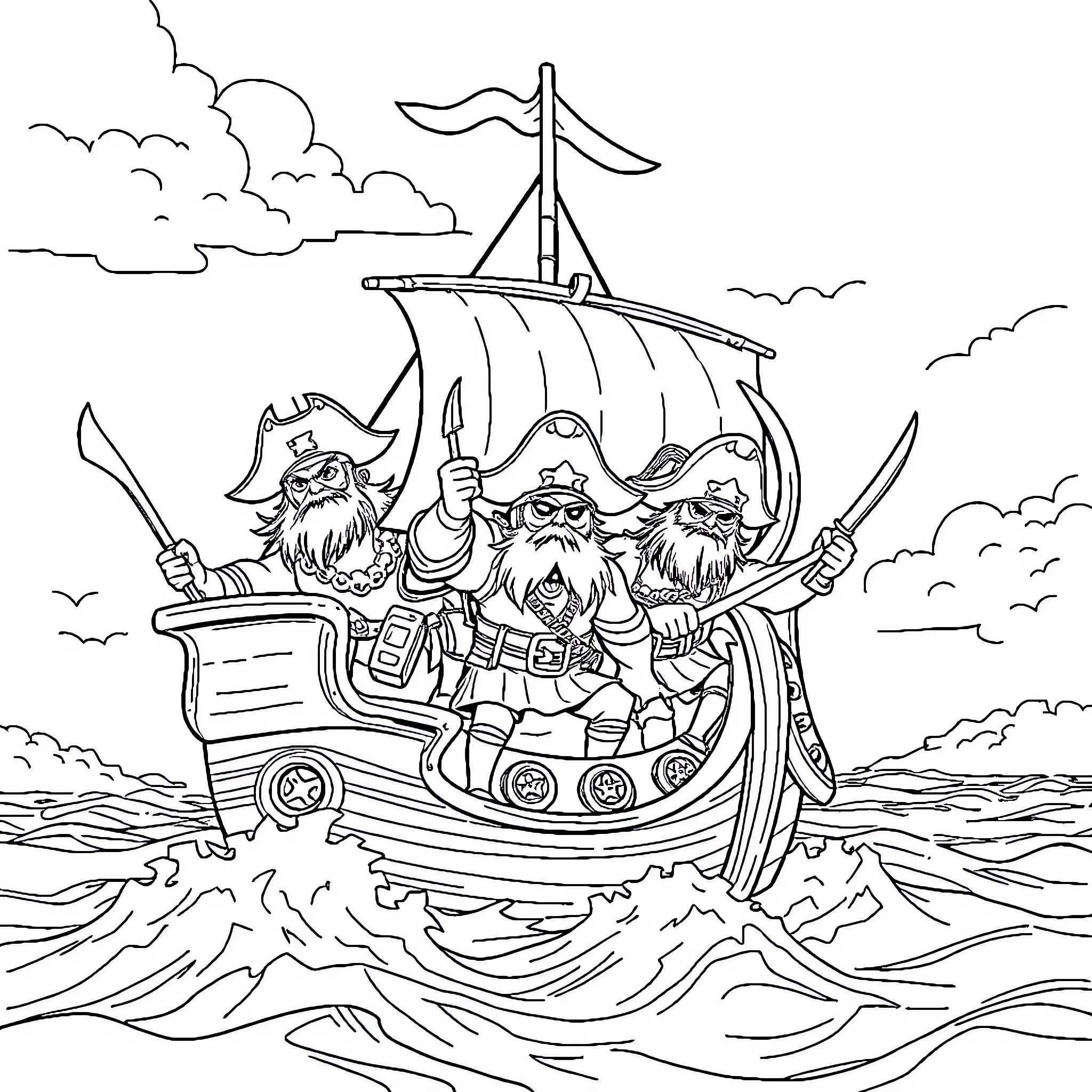 Buccaneers sailing their ship on stormy seas Coloring Page (free black-and-white line drawing printable PDF for all, from beginners to advanced learners, including children, teens, adults, and seniors)