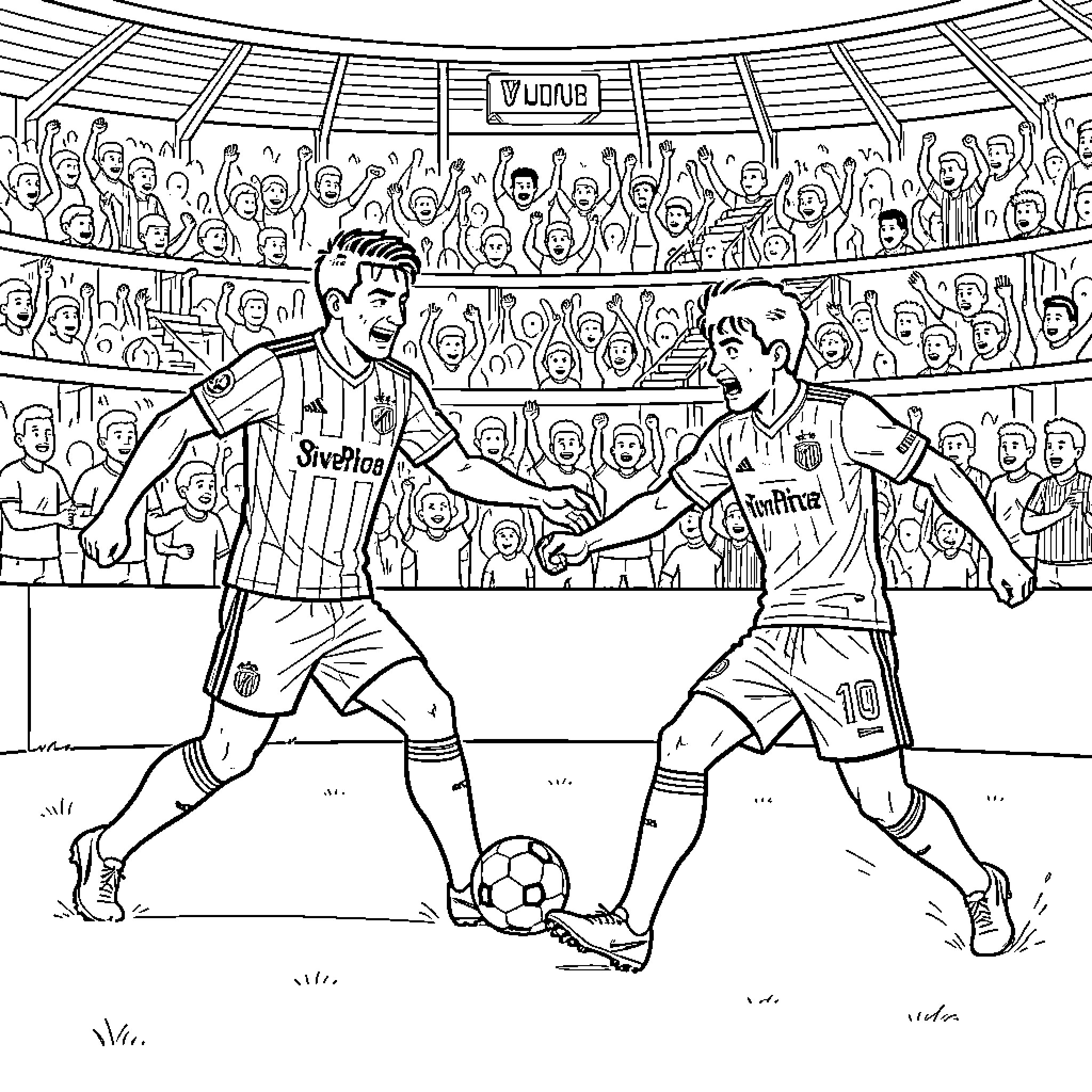Boca vs River players competing for the ball in a stadium Coloring Page (free black-and-white line drawing printable PDF for all, from beginners to advanced learners, including children, teens, adults, and seniors)