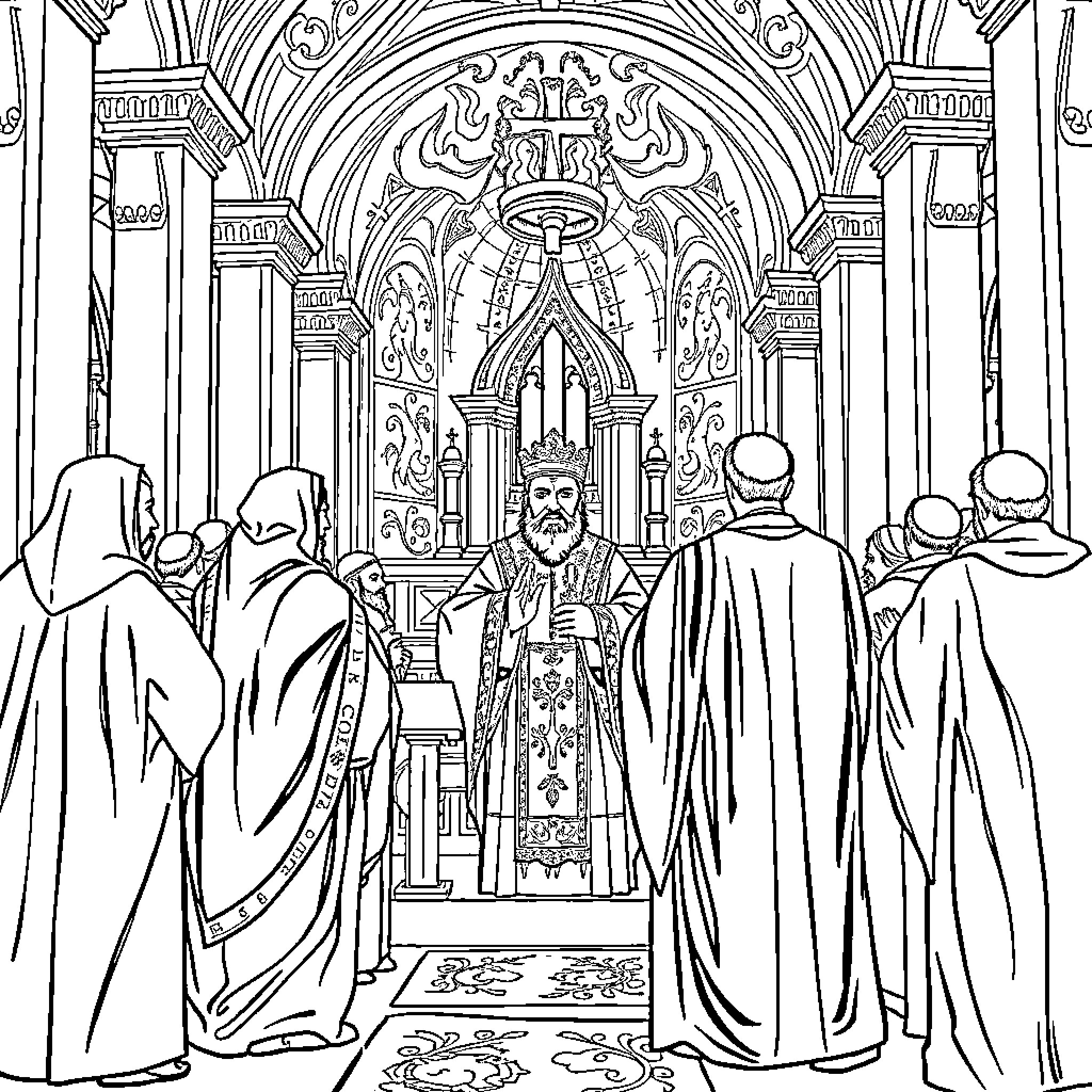 Coptic Liturgy with Clergy and Worshippers in Ornate Church Coloring Page (free black-and-white line drawing printable PDF for all, from beginners to advanced learners, including children, teens, adults, and seniors)