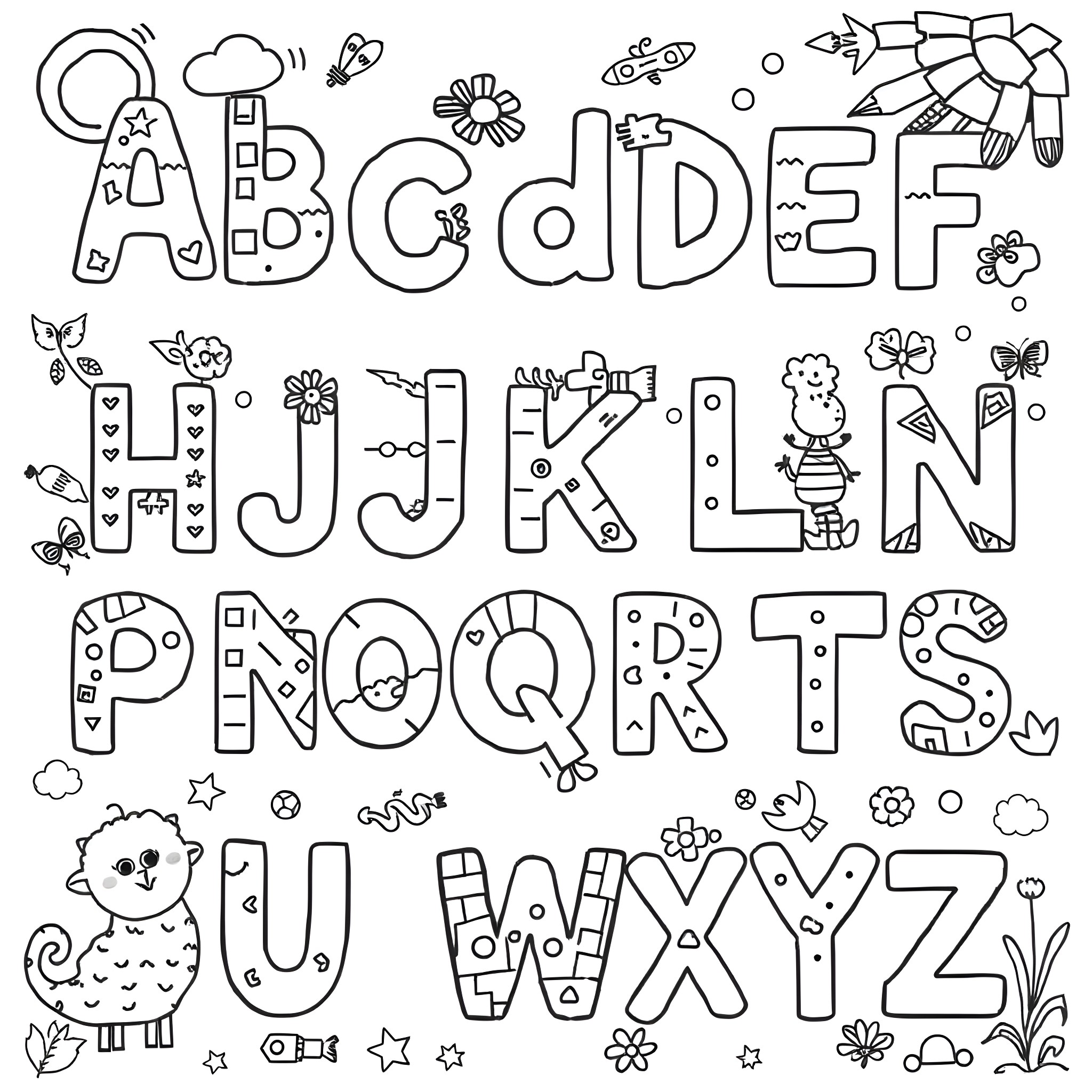 Alphabet with fun doodle characters and icons Coloring Page (free black-and-white line drawing printable PDF for all, from beginners to advanced learners, including children, teens, adults, and seniors)