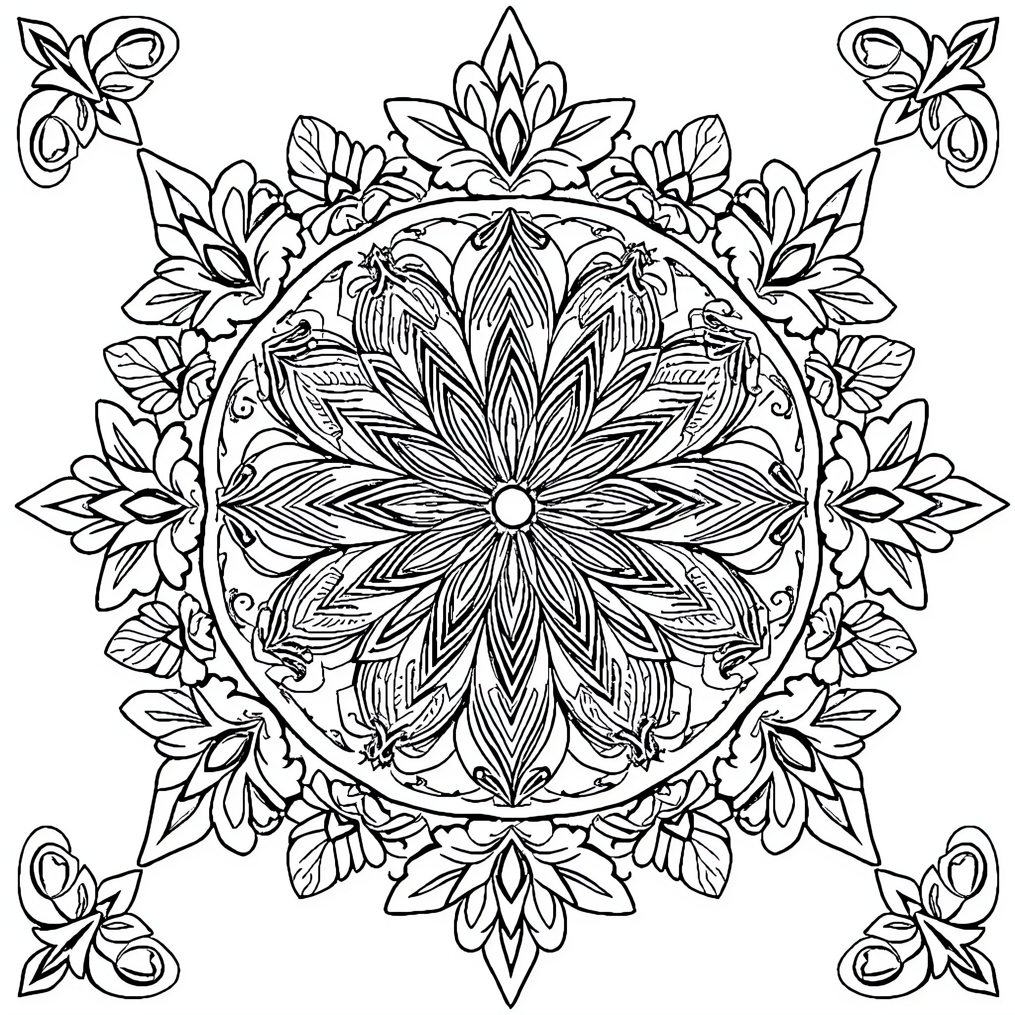 Geometric Pattern of Ornate Floral Designs Coloring Page (free black-and-white line drawing printable PDF for all, from beginners to advanced learners, including children, teens, adults, and seniors)