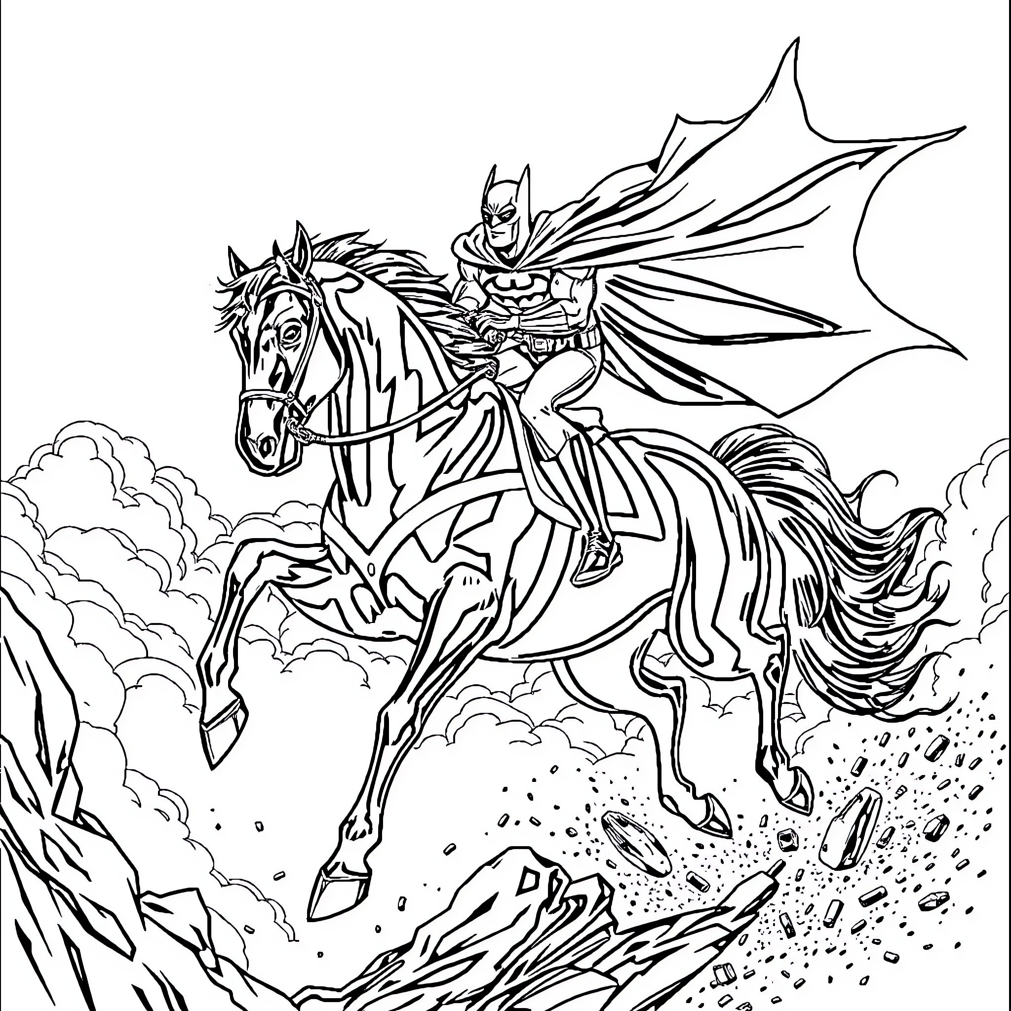 Batman Riding Heroically on Horseback Coloring Page (free black-and-white line drawing printable PDF for all, from beginners to advanced learners, including children, teens, adults, and seniors)