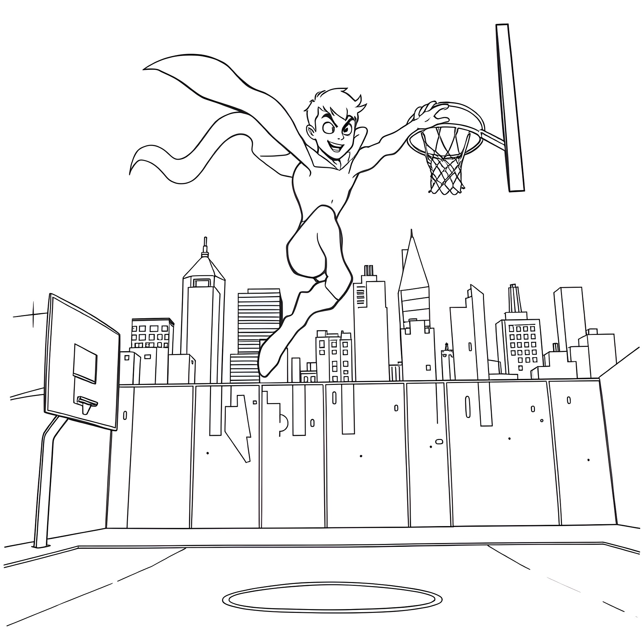 Danny Phantom dunking on a basketball hoop in the city Coloring Page (free black-and-white line drawing printable PDF for all, from beginners to advanced learners, including children, teens, adults, and seniors)