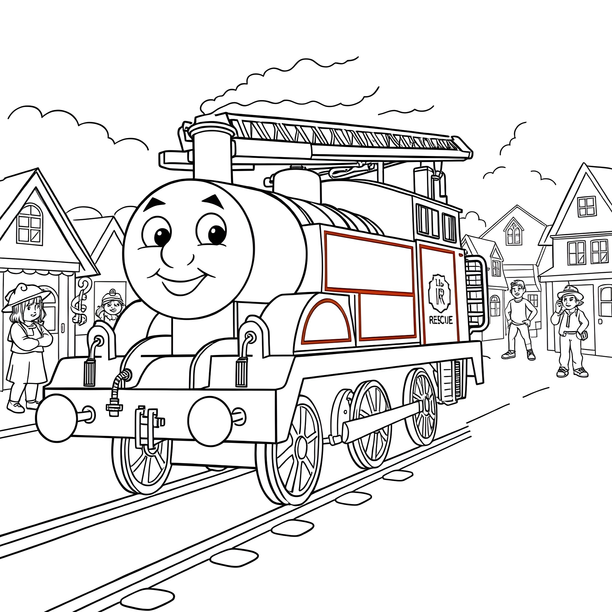 Thomas the Tank Engine Smiling in a Busy Town Coloring Page (free black-and-white line drawing printable PDF for all, from beginners to advanced learners, including children, teens, adults, and seniors)