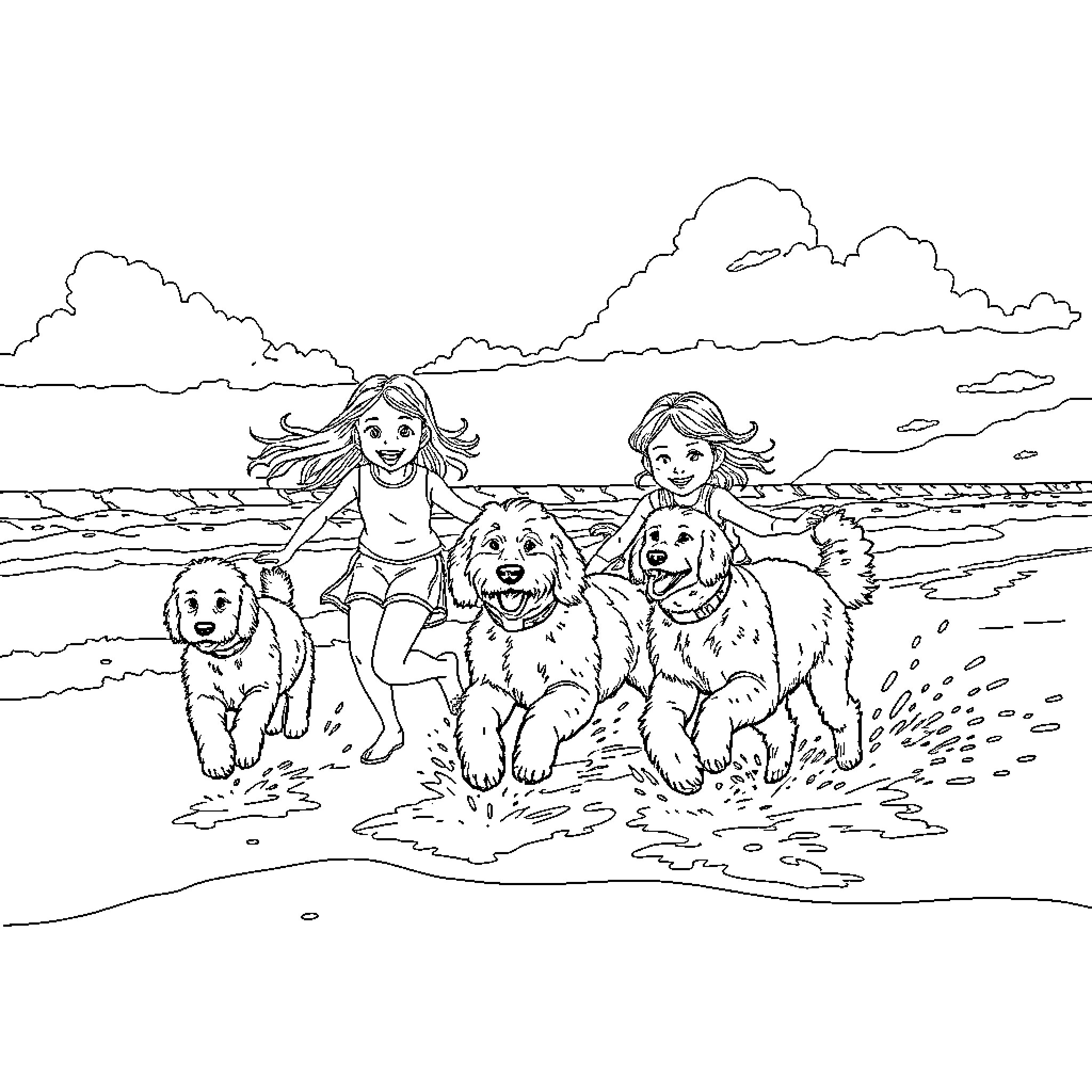 Sister's Joyful Beach Day with Furry Friends Coloring Page (free black-and-white line drawing printable PDF for all, from beginners to advanced learners, including children, teens, adults, and seniors)