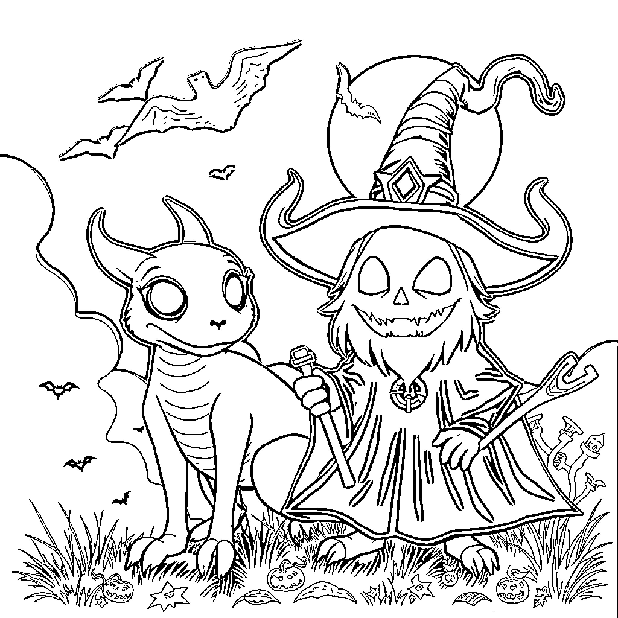 Pumpkin Patch with Spooky Creatures Coloring Page (free black-and-white line drawing printable PDF for all, from beginners to advanced learners, including children, teens, adults, and seniors)