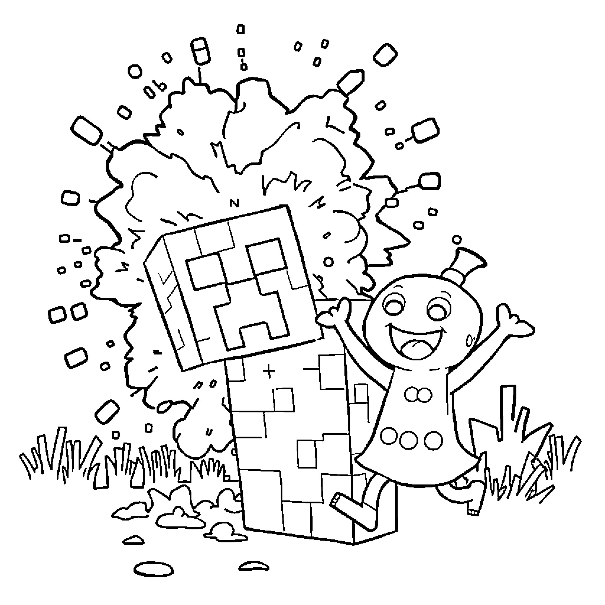 Creeper character in an animated scene Coloring Page (free black-and-white line drawing printable PDF for all, from beginners to advanced learners, including children, teens, adults, and seniors)