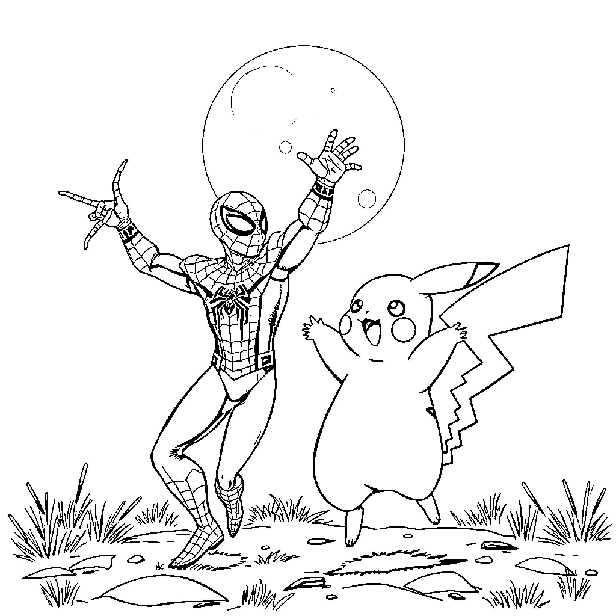 Pikachu and Spider-Man explore the outdoors Coloring Page (free black-and-white line drawing printable PDF for all, from beginners to advanced learners, including children, teens, adults, and seniors)