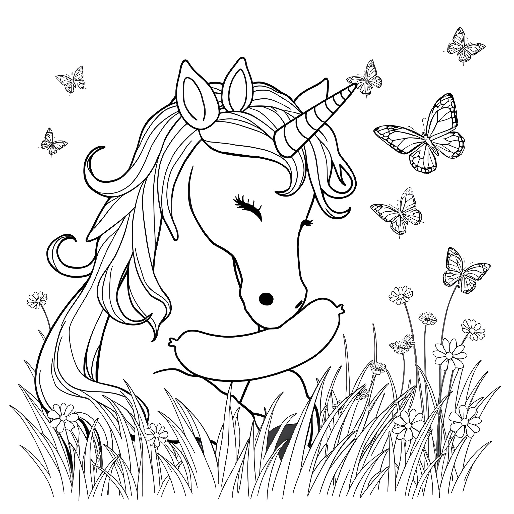 Unicorn enjoying meadow with butterflies Coloring Page (free black-and-white line drawing printable PDF for all, from beginners to advanced learners, including children, teens, adults, and seniors)