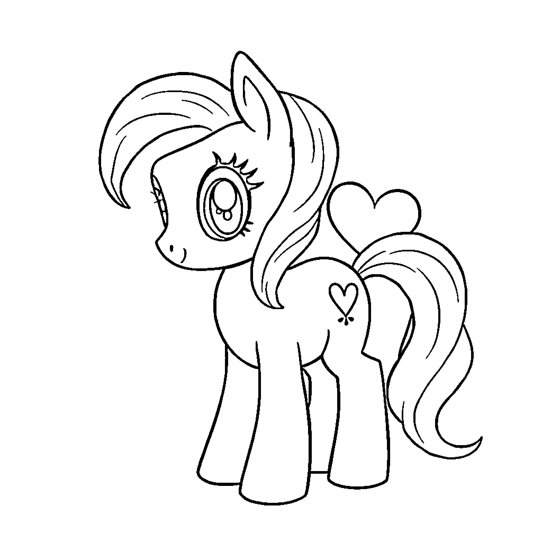 Pony with Hearts Gazing Happily Coloring Page (free black-and-white line drawing printable PDF for all, from beginners to advanced learners, including children, teens, adults, and seniors)