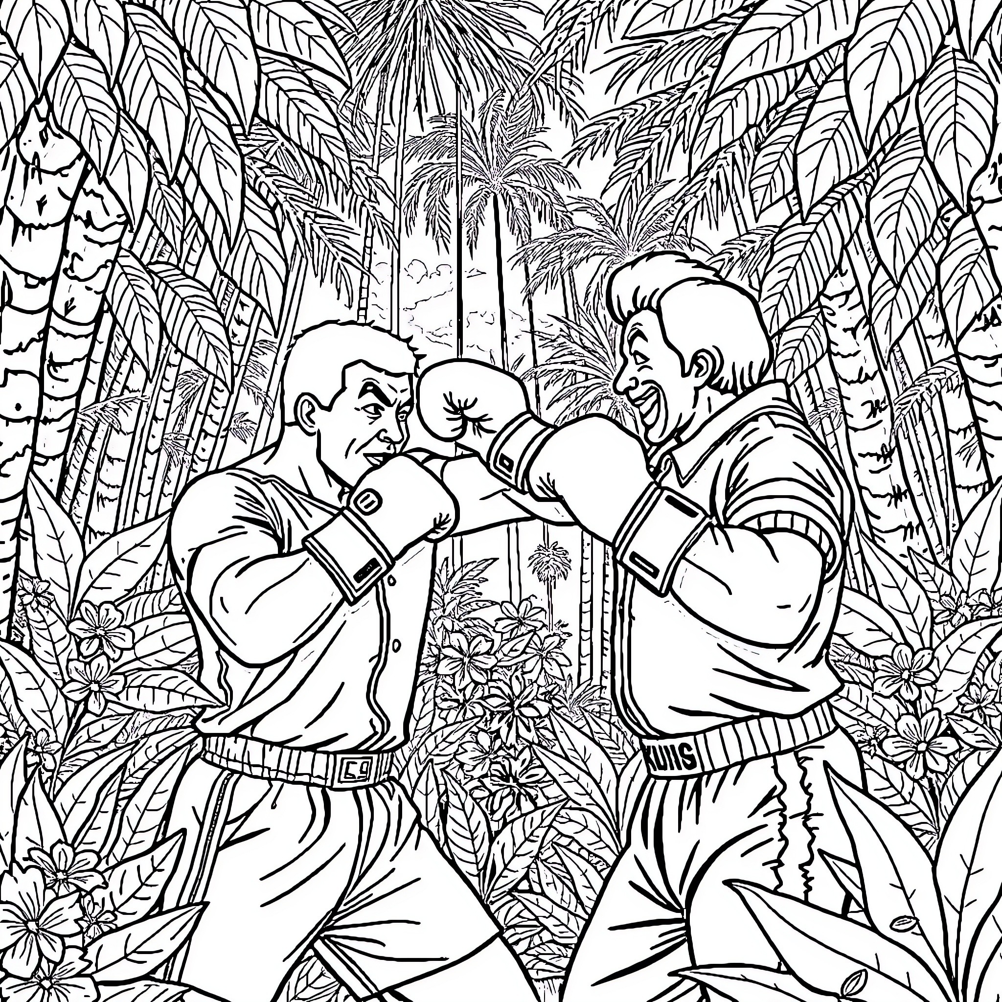 Mike Tyson Boxing Match in Jungle Landscape Coloring Page (free black-and-white line drawing printable PDF for all, from beginners to advanced learners, including children, teens, adults, and seniors)