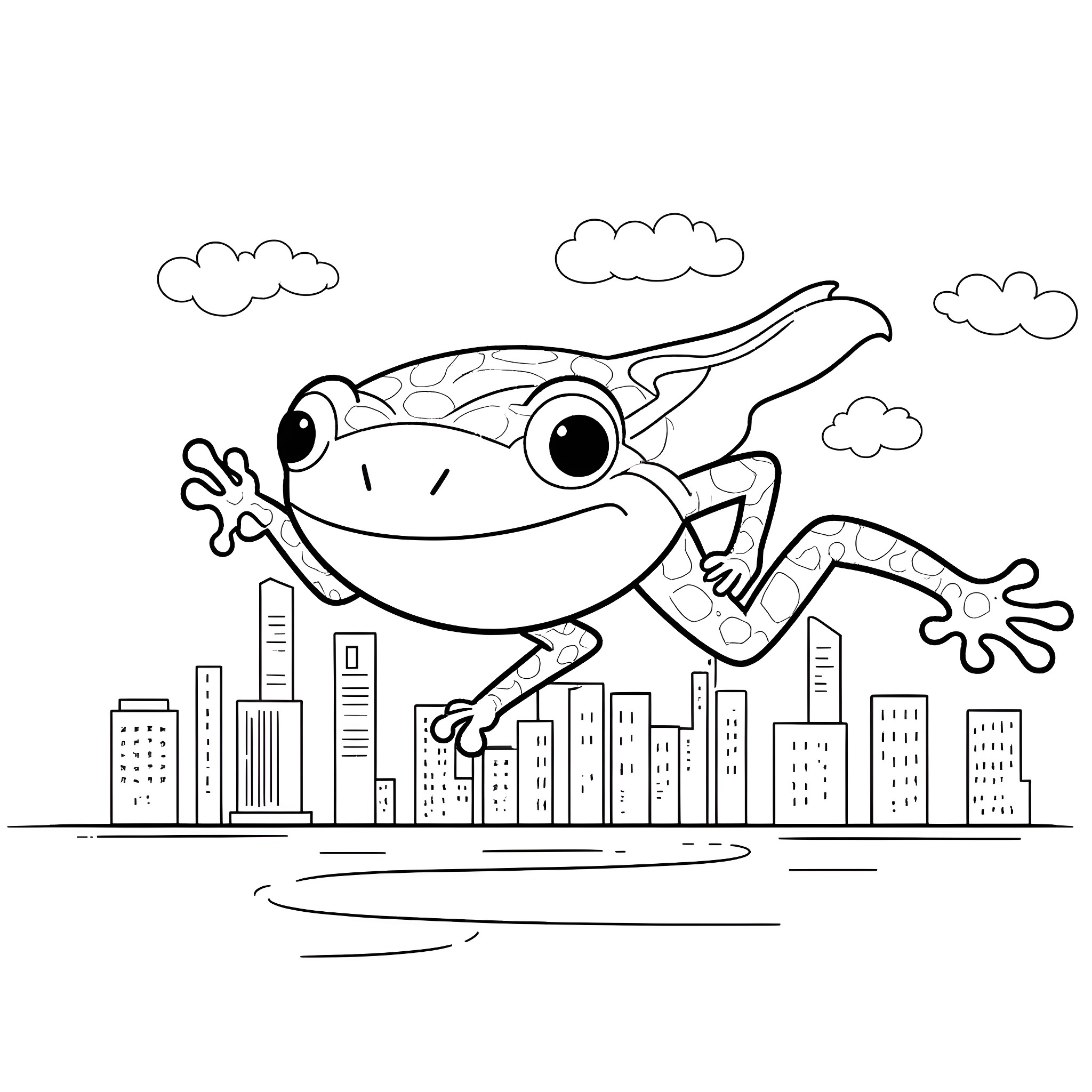 Frog Jumping Over City Skyline Coloring Page (free black-and-white line drawing printable PDF for all, from beginners to advanced learners, including children, teens, adults, and seniors)