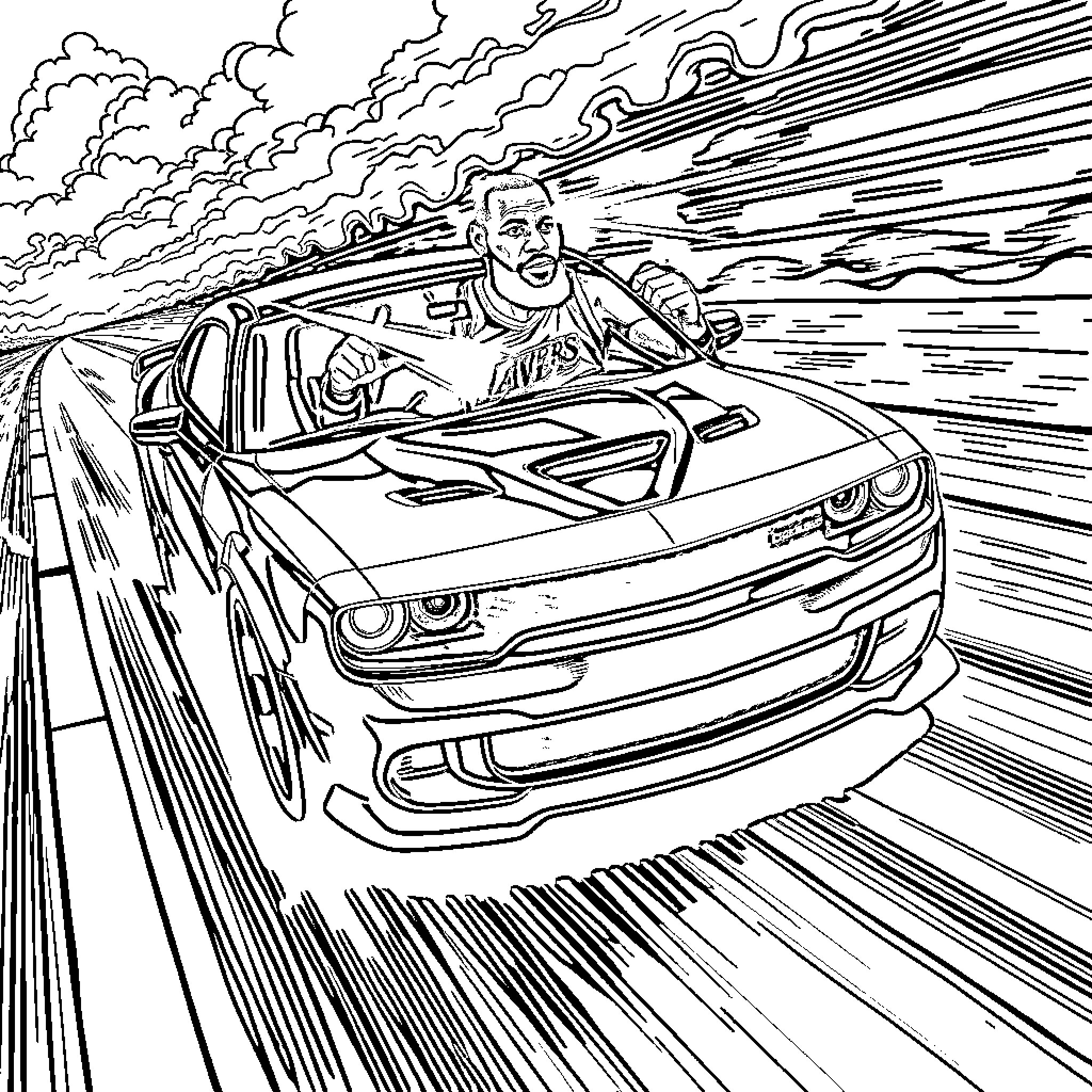 LeBron James speeding through a storm in a sports car Coloring Page (free black-and-white line drawing printable PDF for all, from beginners to advanced learners, including children, teens, adults, and seniors)