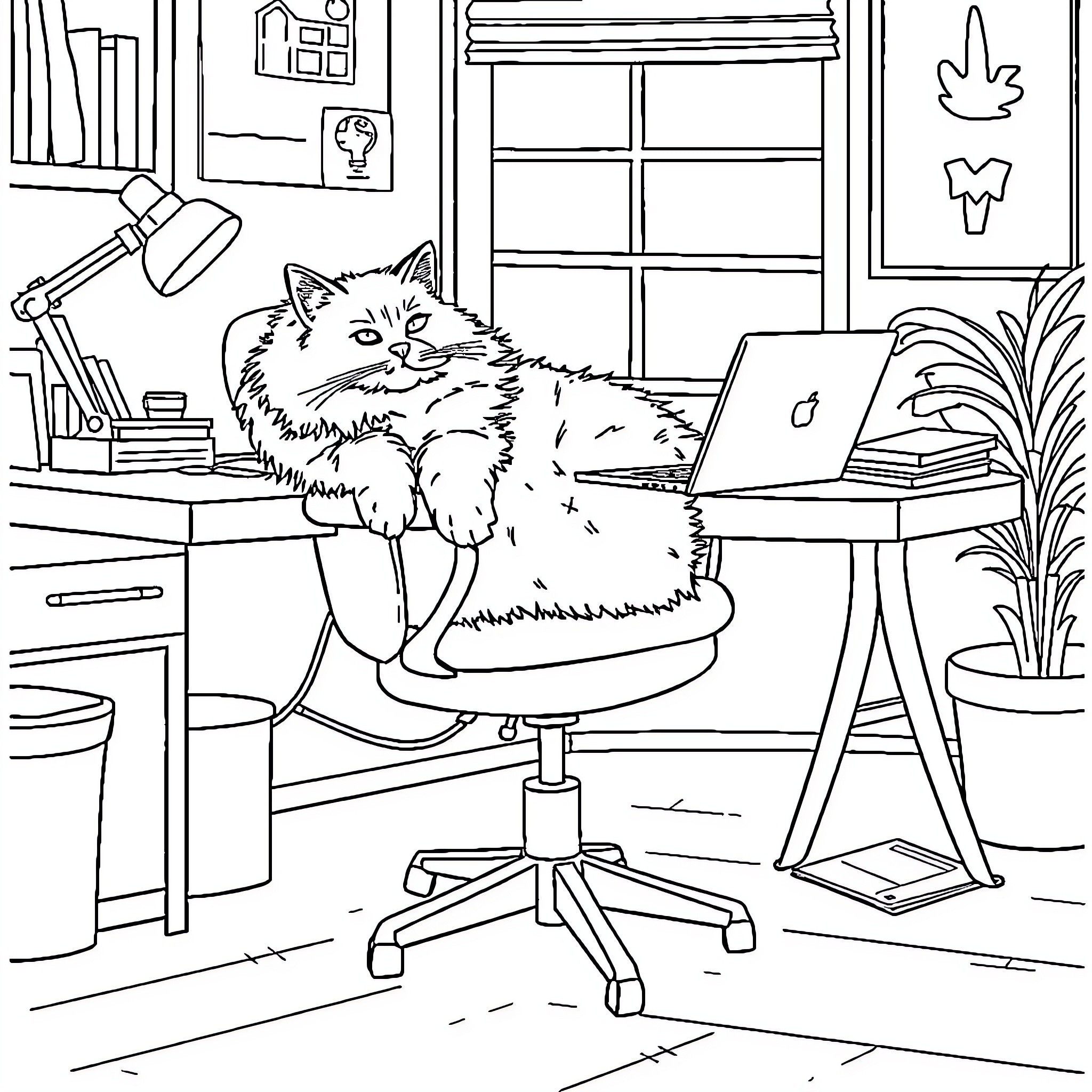 Cat relaxing in a cozy office setting Coloring Page (free black-and-white line drawing printable PDF for all, from beginners to advanced learners, including children, teens, adults, and seniors)