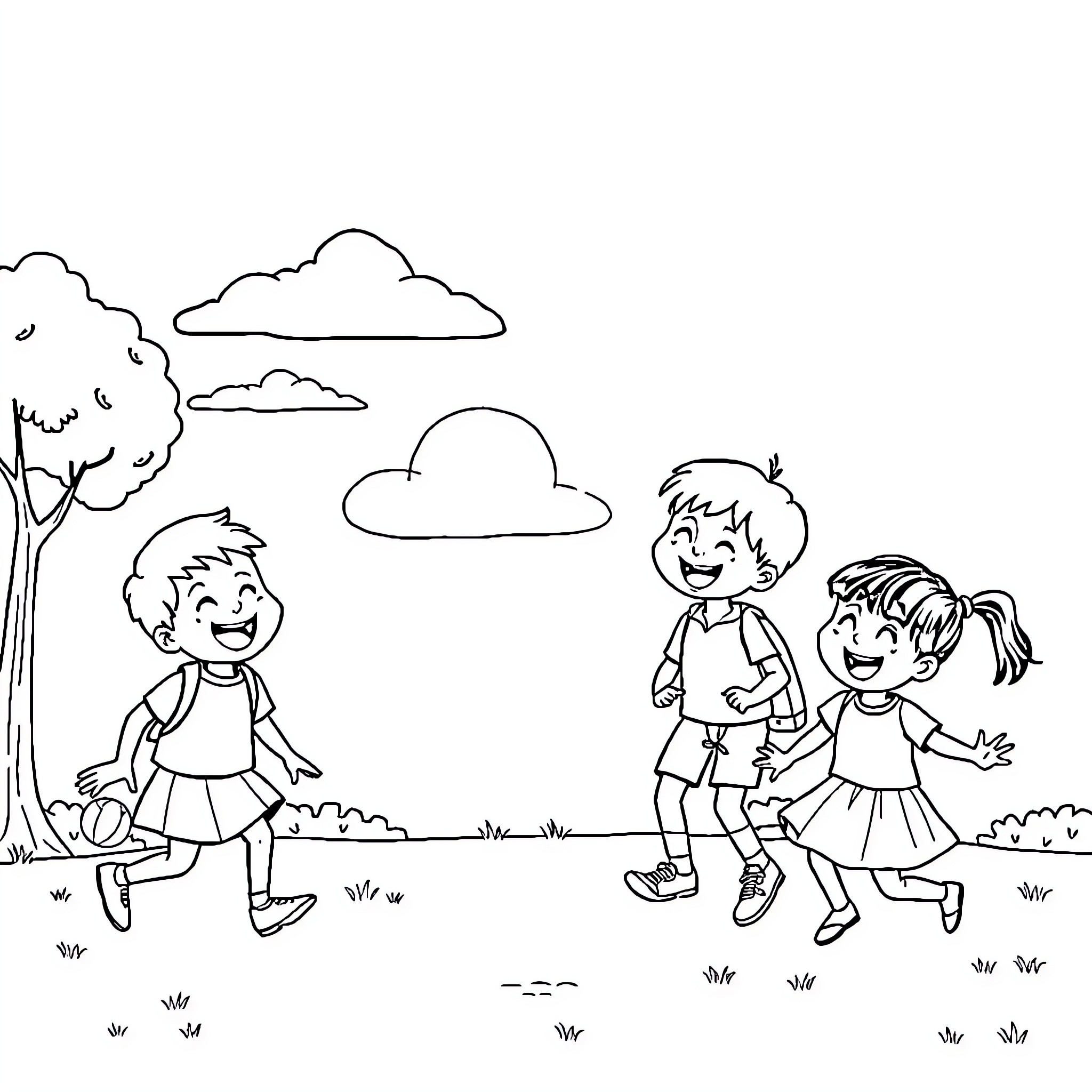 School Kids Playing Outdoors on a Sunny Day Coloring Page (free black-and-white line drawing printable PDF for all, from beginners to advanced learners, including children, teens, adults, and seniors)