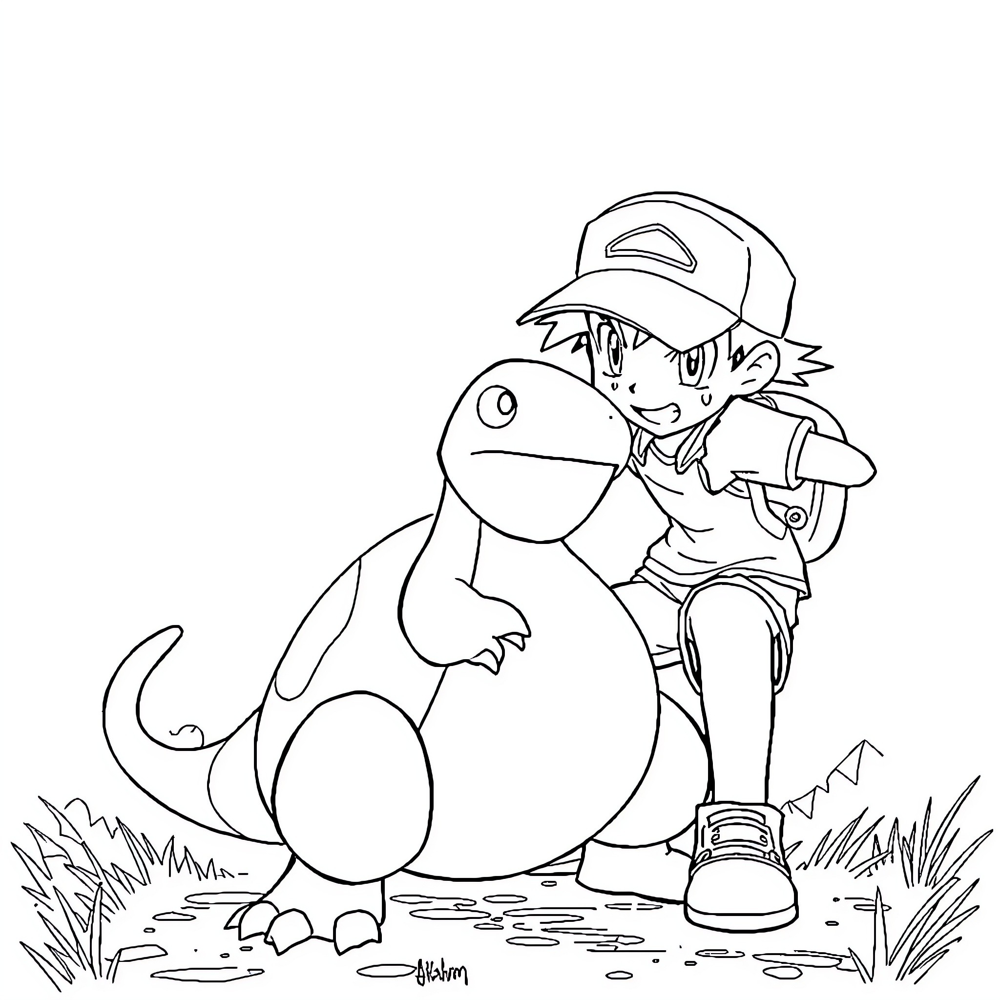 Paras: Boy and his Dinosaur Companion Coloring Page (free black-and-white line drawing printable PDF for all, from beginners to advanced learners, including children, teens, adults, and seniors)