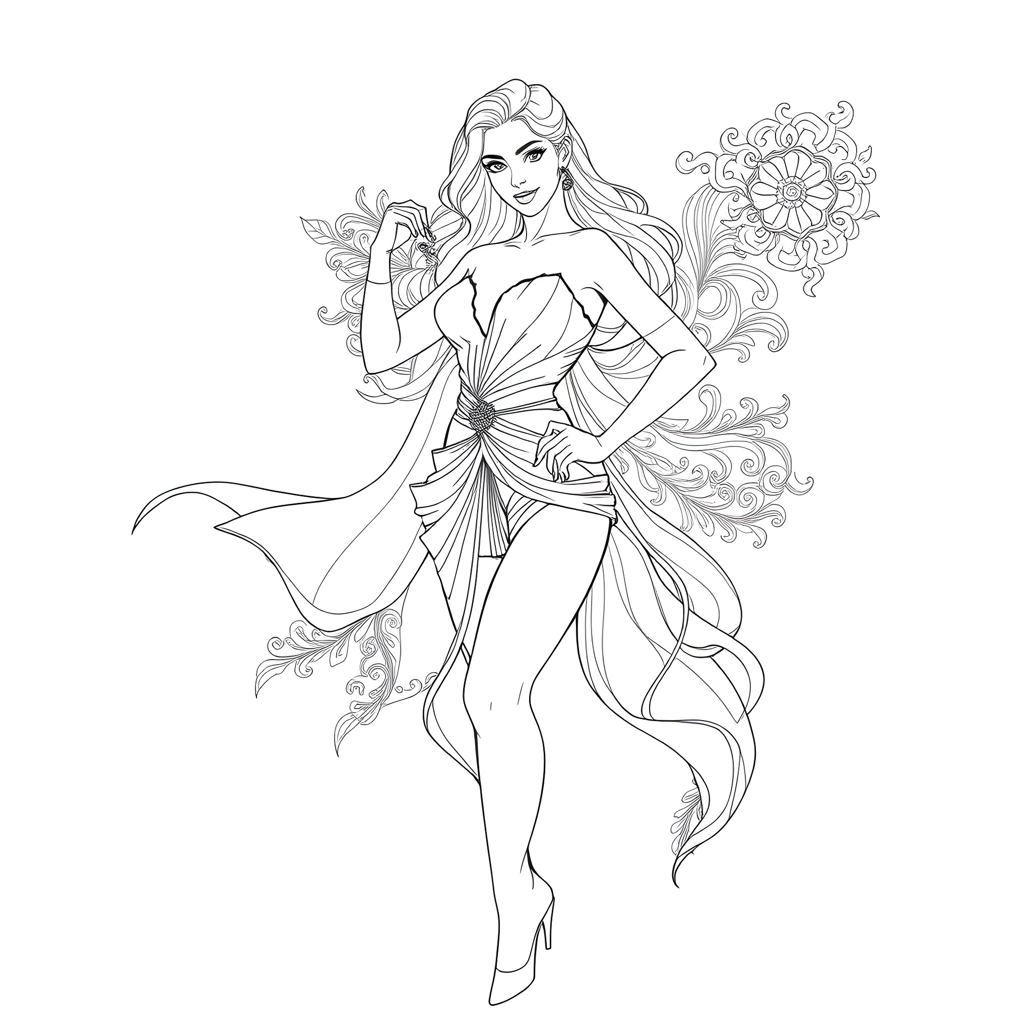 Woman in Elegant Floral Dress Posing Coloring Page (free black-and-white line drawing printable PDF for all, from beginners to advanced learners, including children, teens, adults, and seniors)